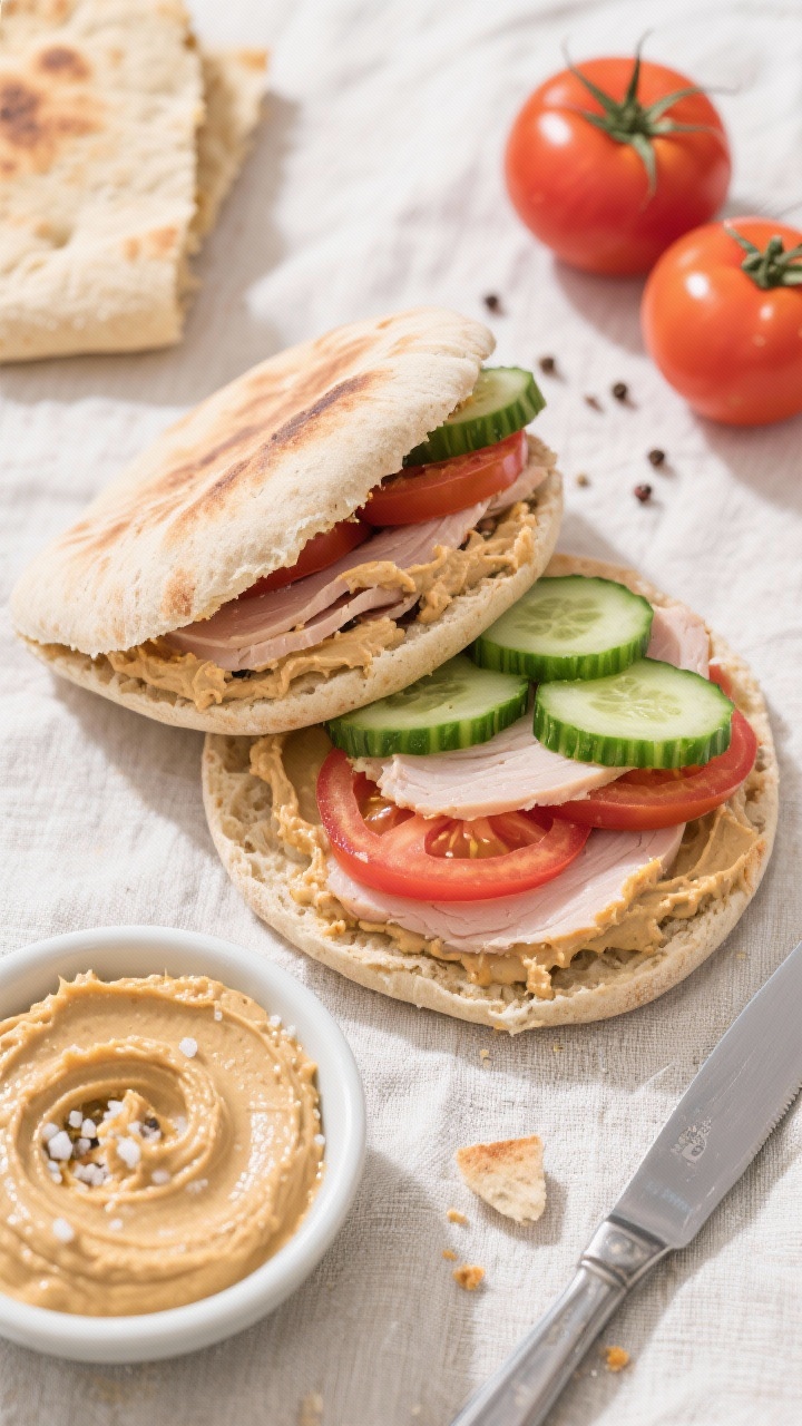 Overhead ingredient-to-final assembly shot of No-Cook Hummus, Veggie, And Turkey Power Pitas: whole-wheat pitas halved and stuffed with a thick smear of hummus, layered slices of turkey breast, thin cucumber rounds, and tomato slices; extra hummus swirled in a small bowl; a sprinkle of salt and pepper on tomatoes; clean, quick, and colorful lunch feel on a light linen with a sharp knife and a few pita crumbs.