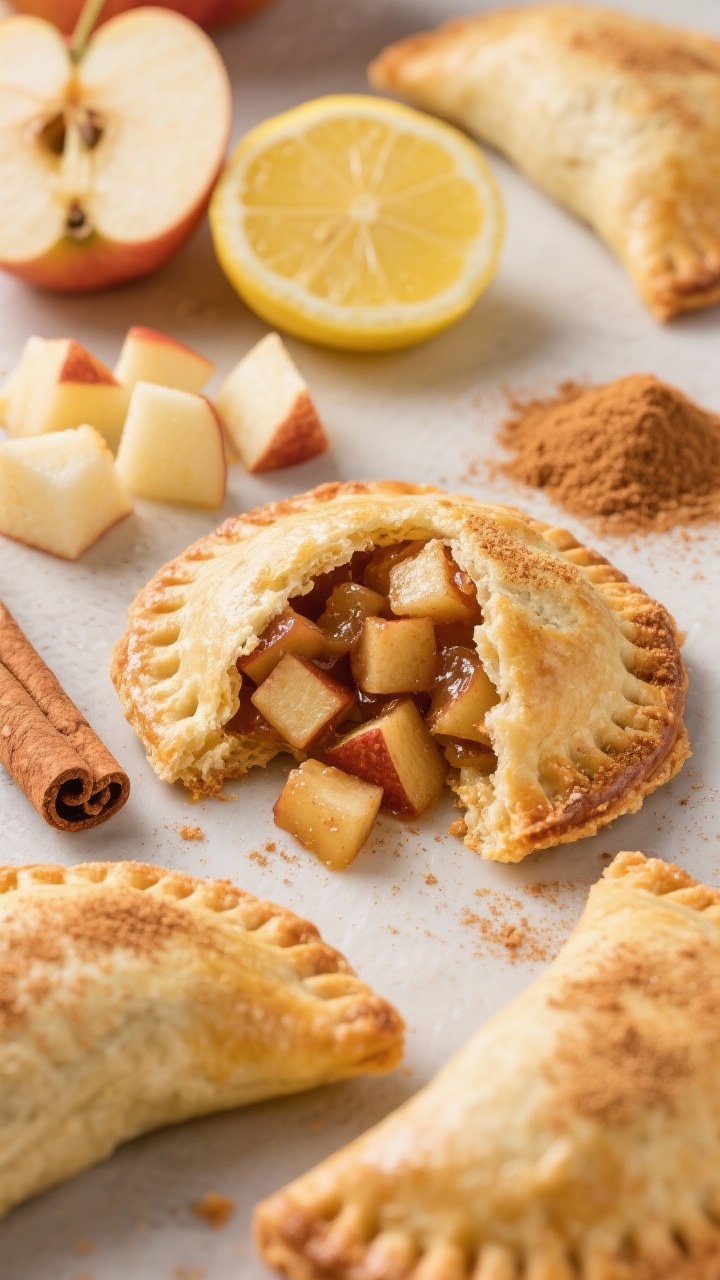 Overhead ingredient-to-final composition of cinnamon sugar apple hand pies: one hand pie cut open showing tender diced apple filling with brown sugar, cinnamon, and a hint of lemon juice; remaining pies with golden, flaky pie dough (or puff pastry) dusted with cinnamon sugar; raw diced apple, a lemon wedge, and a small mound of brown sugar in the frame; warm-toned light for cozy fall mood.