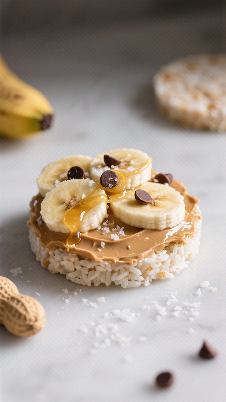 Overhead ingredient-to-final transformation of a peanut butter banana “sundae” rice cake: a lightly salted rice cake smeared with a glossy layer of peanut butter, topped with neat banana slices, a thread of honey, mini chocolate chips scattered, and a pinch of flaky salt; minimal backdrop, focus on crunchy, creamy, and glossy textures.