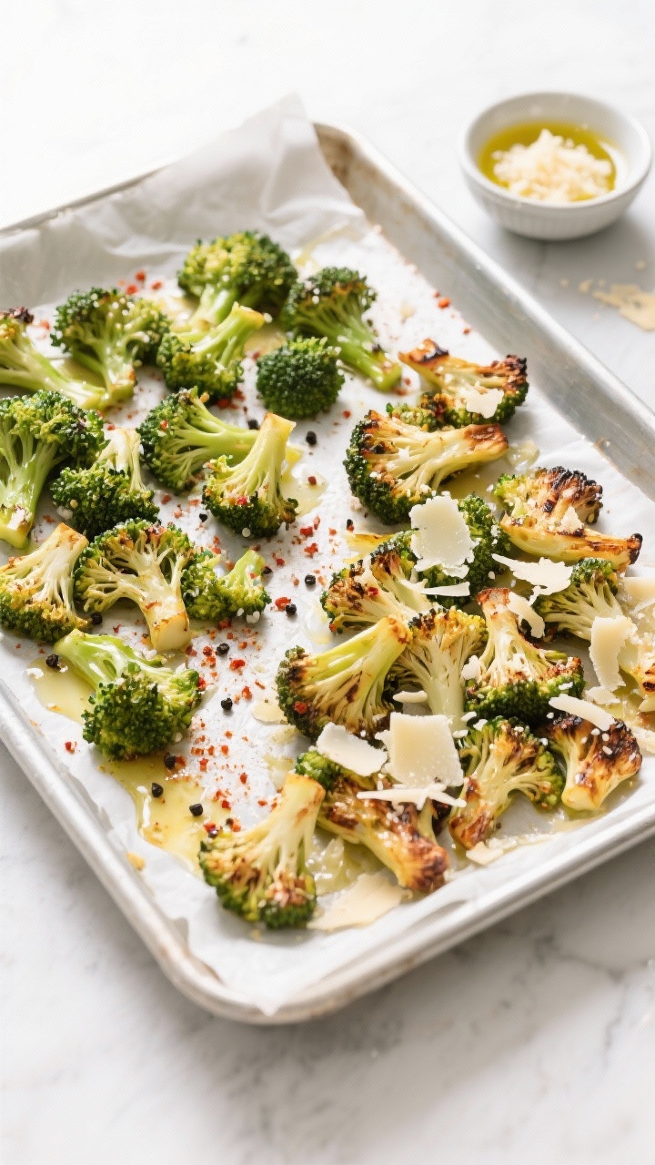 Overhead ingredient-to-finish transition: A sheet pan lined with parchment showing small broccoli florets tossed in olive oil, kosher salt, black pepper, garlic powder, and a pinch of red pepper flakes; half the pan shows raw, well-seasoned florets, the other half shows air-fried, lightly charred broccoli sprinkled with grated Parmesan; minimal, bright styling with a small bowl of Parmesan and a drizzle of olive oil nearby; crisp, vivid greens and toasty edges.