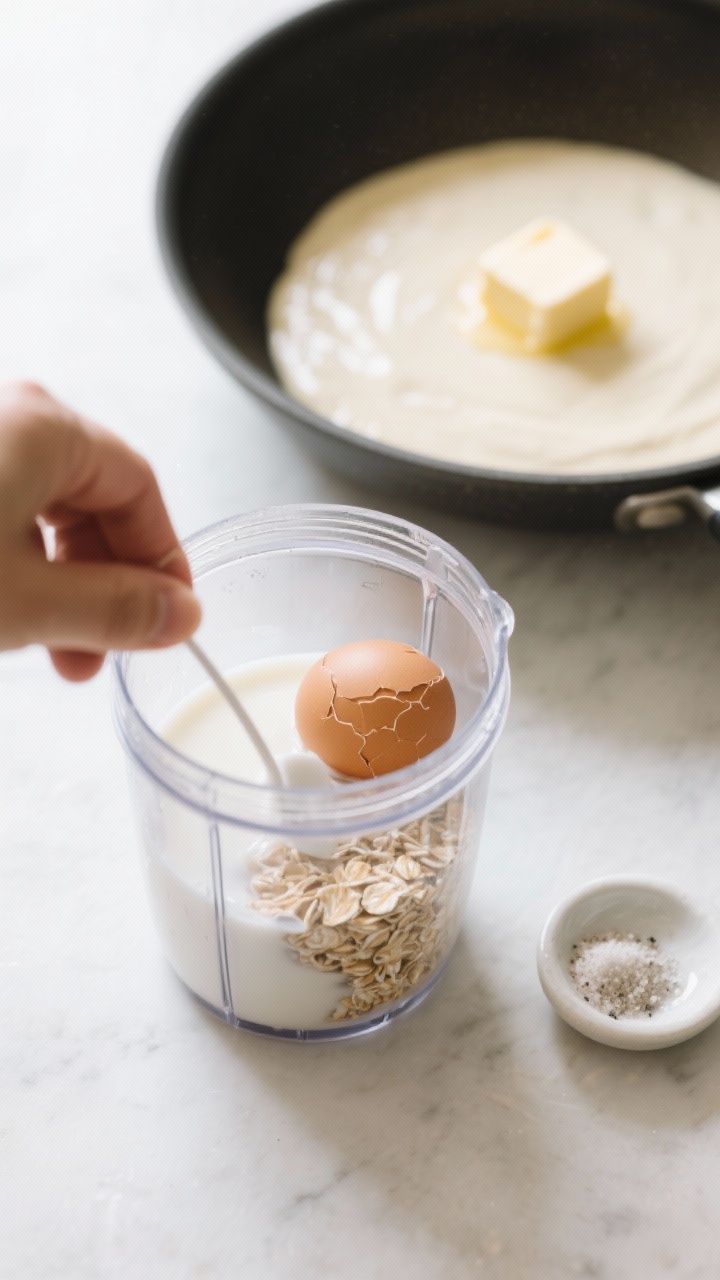 Overhead ingredient-to-pan moment: blender jar filled with rolled oats, milk, and a cracked egg, with a pinch of salt and baking powder on the side; nearby, a preheated nonstick skillet with a pat of melting butter ready for batter; clean lines and bright light to emphasize the simplicity.