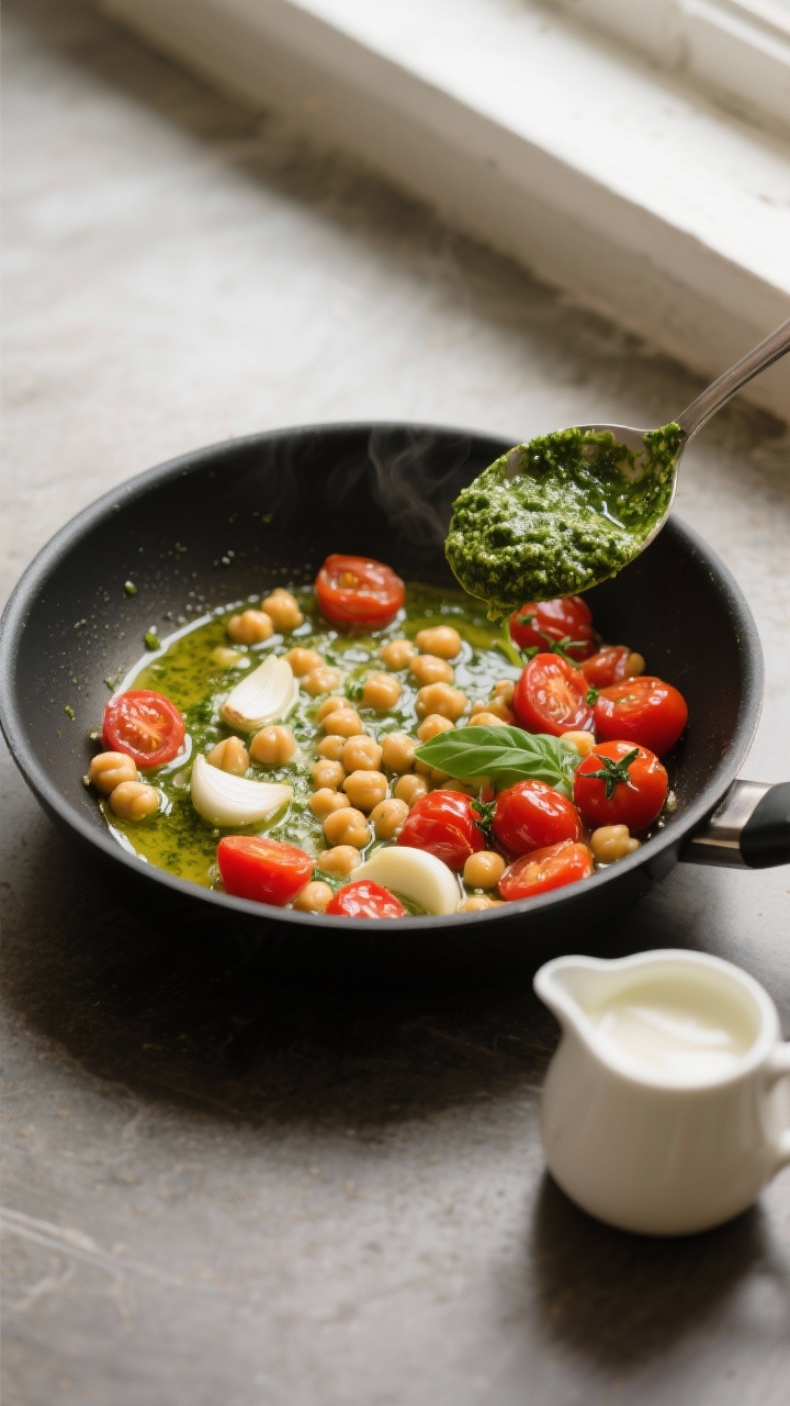 Overhead ingredient-to-pan transition for Creamy Pesto Chickpea Skillet: a wide sauté pan with sliced garlic sizzling in olive oil, burst cherry tomatoes releasing juices, and chickpeas just added; a spoonful of basil pesto ready to swirl in and a small pitcher of heavy cream at the side; emerald and ruby tones pop against a matte black pan; bright, fresh Mediterranean mood, natural window light.