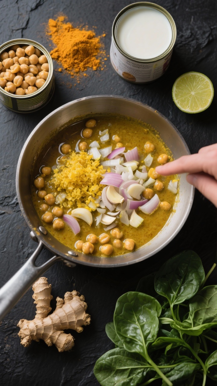 Overhead ingredient-to-pot transition for creamy coconut chickpea curry with lime and spinach: coconut oil melting in a heavy pot with finely chopped yellow onion, minced garlic, and grated fresh ginger blooming; curry powder and ground turmeric dusted in warm golden tones beside open cans of chickpeas, a can of coconut milk, fresh spinach leaves, and a halved lime ready to squeeze; dark slate background, bright contrasting spices, clean styling that hints at the final creamy, vibrant curry.