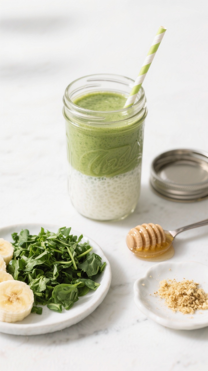 Overhead ingredients-and-assembly shot for a no-blend green smoothie: a mason jar half-filled with plain kefir, mashed banana at the bottom, very finely chopped spinach ready to be added, a spoonful of honey, and a pinch of grated ginger on a small dish; lid and straw nearby, bright, clean background suggesting shake-to-mix ease.