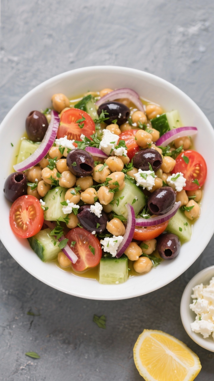 Overhead Mediterranean bowl composition for fast Greek chickpea salad: a wide white bowl filled with chickpeas, halved cherry tomatoes, diced cucumber, Kalamata olives, thin red onion slivers, and crumbles of herby feta; glistening with a light olive oil and lemony herb dressing; sprinkled oregano and parsley; bright, crisp colors against a cool slate surface, with a small dish of extra feta and a lemon half nearby.