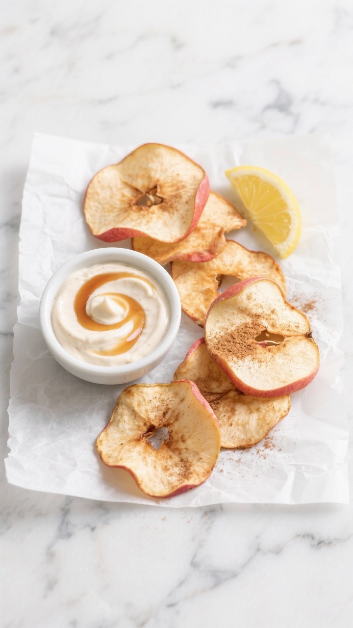 Overhead minimalist flat lay: Cinnamon-maple apple chips—paper-thin Honeycrisp/Pink Lady slices—air-fried until curled and golden at the edges, dusted with ground cinnamon and a whisper of maple syrup; a small bowl of almond yogurt dip with a cinnamon swirl; lemon wedge off to the side; arranged on white parchment over a cool-toned marble backdrop for a clean, wholesome snack look.