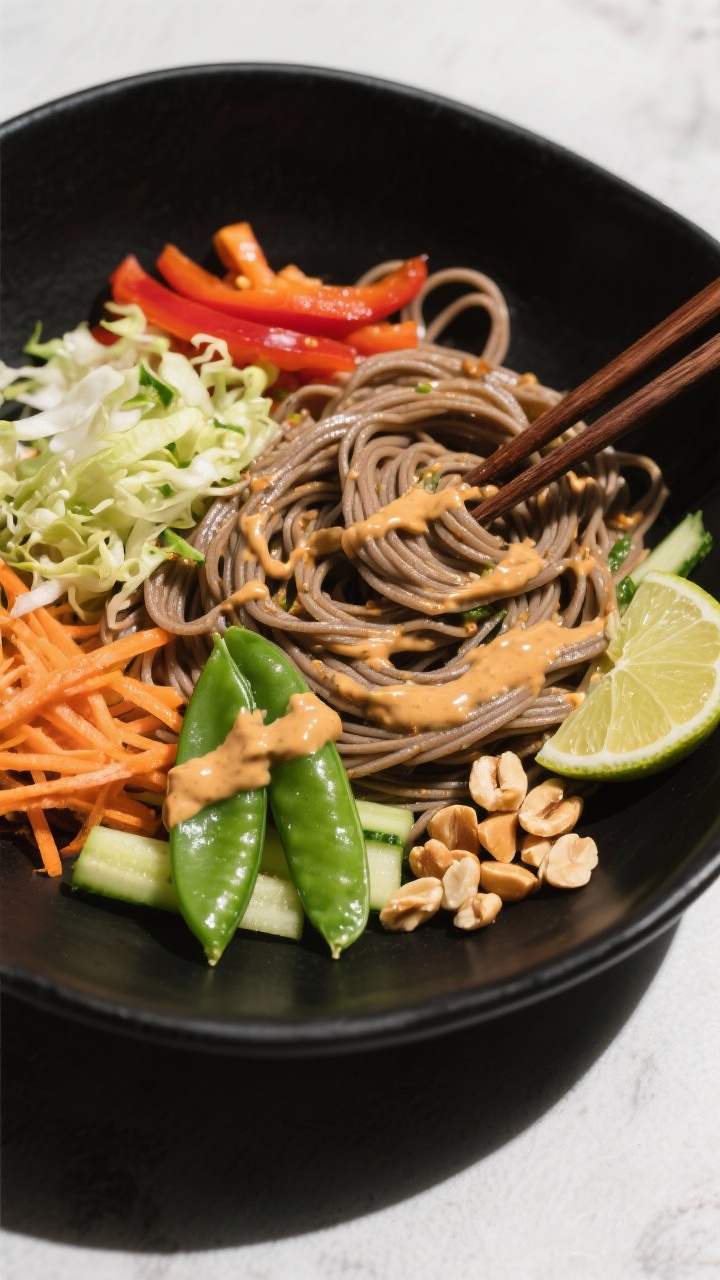 Overhead noodle bowl of Soba Noodle Crunch with Ginger-Lime Peanut Sauce: tangle of 100% buckwheat soba topped with tidy sections of shredded cabbage, thin bell pepper strips, shredded carrots, halved sugar snap peas, and matchstick cucumber; a glossy peanut sauce ribboned over, lime wedges and chopped peanuts on the side; chopsticks resting across a matte black bowl, bright, crunchy, and fresh look with directional side light.