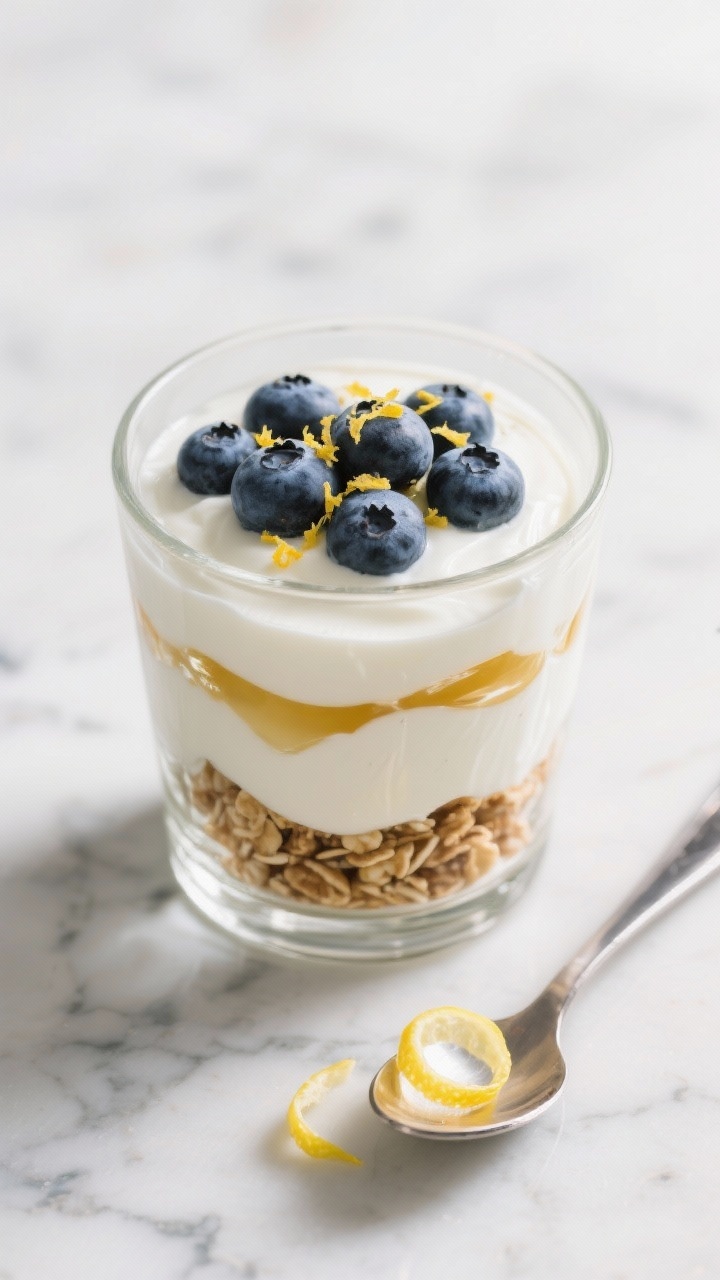 Overhead parfait layering shot: clear glass filled with creamy Greek yogurt mixed with vanilla extract and lemon zest, ribboned with honey, layered with plump blueberries and crunchy granola; a small spoon and extra lemon zest curls on a cool marble surface for a bright, fresh morning vibe.