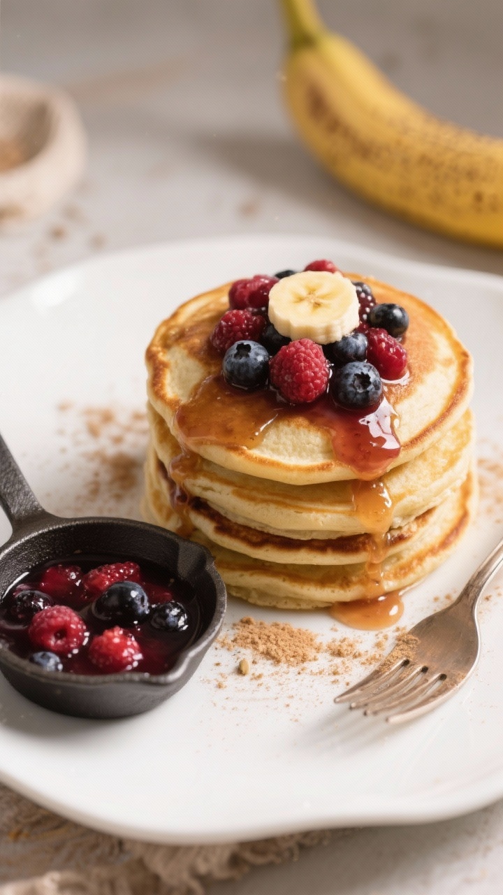 Overhead plated almond flour banana pancakes stack with warm berry compote: golden, fluffy pancakes made from mashed banana, eggs, almond flour, ground flaxseed, baking powder, cinnamon, and a pinch of salt; topped with a glossy mixed berry compote that drips down the sides; a light dusting of cinnamon and a pat of melting butter optional; served on a white plate with a small skillet of compote on the side and a fork; warm, inviting morning light emphasizing airy crumb and syrupy sheen.