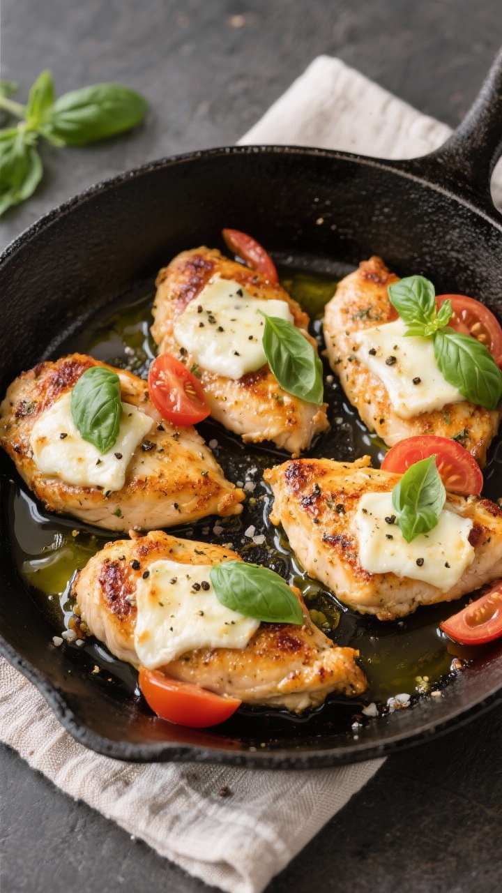 Overhead plated Caprese chicken skillet: four golden-seared chicken cutlets seasoned with kosher salt, black pepper, and Italian seasoning, topped with melted mozzarella that’s just starting to ooze, juicy tomato slices, and glossy basil leaves. A light pan jus around the edges, drizzle of olive oil, served in a black skillet placed on a linen napkin.