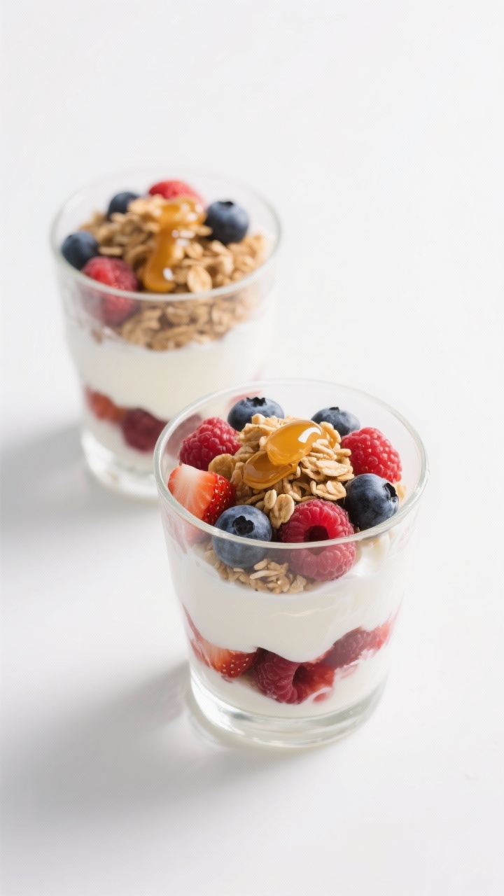 Overhead plated presentation of Greek yogurt berry parfaits in clear tumblers: thick plain Greek yogurt lightly sweetened with honey and vanilla, layered with fresh mixed berries (strawberries, blueberries, raspberries), and a crunchy granola layer on top that stays crisp; honey drizzle and a few berry juices staining the yogurt, clean white background for pop, bright natural light.