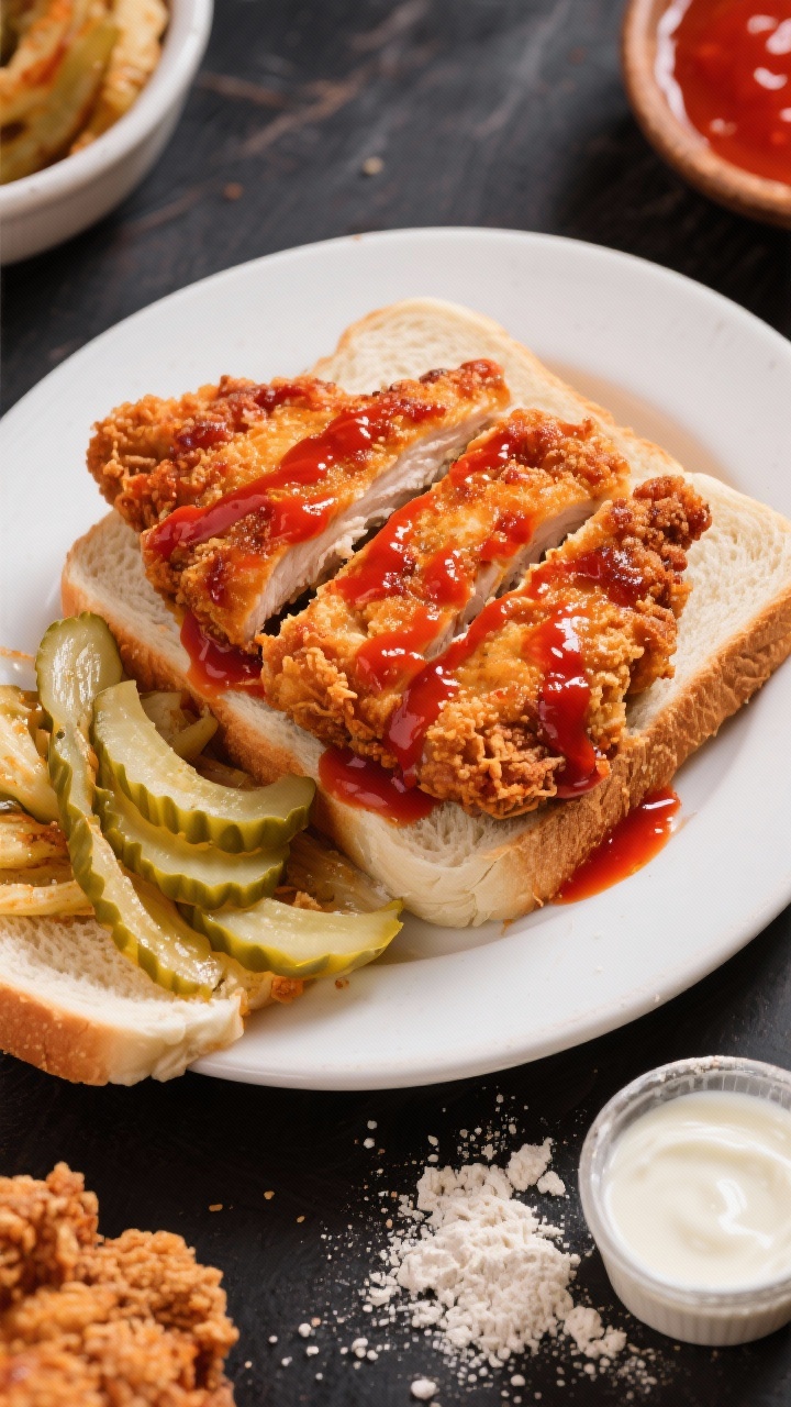 Overhead plated scene of Nashville hot chicken cutlets: thin, crisp air-fried cutlets with a fiery red oil sheen from hot sauce, served on soft white bread with a tangle of sweet pickle chips for crunch. Ingredients subtly included—a ramekin of panko, a small pile of flour, a splash of buttermilk—in the frame edges. High-contrast, vibrant color styling.
