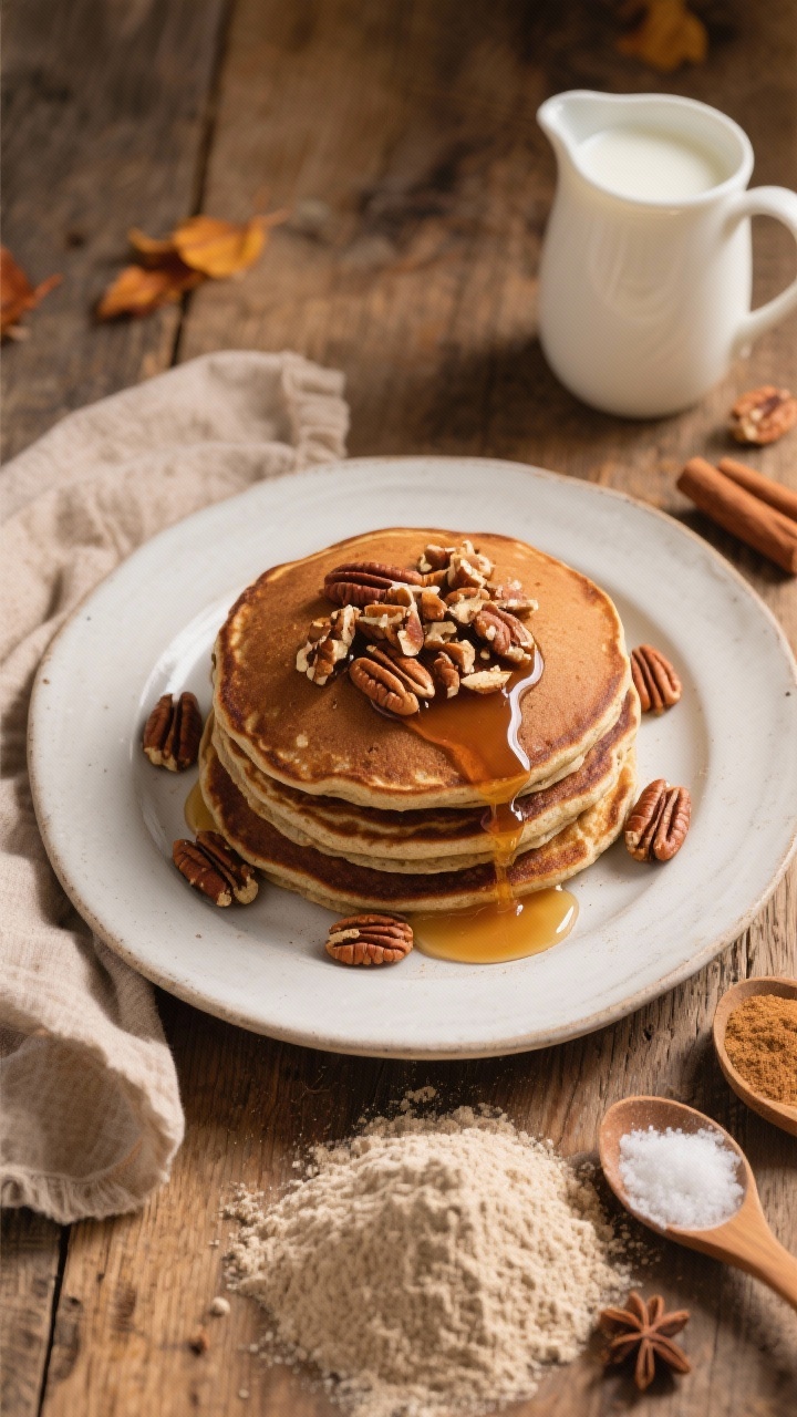 Overhead plated scene of whole wheat maple pancakes studded with toasty pecans, warm brown hue from whole wheat flour and cinnamon, topped with chopped roasted pecans and a generous maple syrup glaze pooling around; ingredient accents: a small mound of whole wheat flour, a bit of all-purpose flour, baking powder, baking soda, cinnamon, salt, and a pitcher of milk; cozy, autumnal mood with wood tabletop and soft directional light highlighting nutty textures.