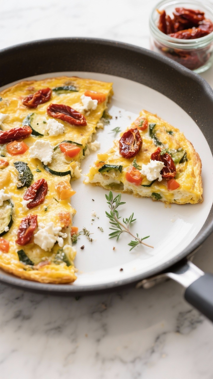 Overhead plated slice of Mediterranean veggie frittata on a white ceramic plate with a wedge removed in the pan beside it: custardy eggs whisked with milk and a touch of Dijon, dried oregano, salt and black pepper; sun-dried tomatoes studding the golden surface, crumbles of goat cheese melting in pockets, sautéed veggies glistening in olive oil (or tomato oil); garnished with fresh oregano leaves, served on a marble surface with a small jar of sun-dried tomatoes.