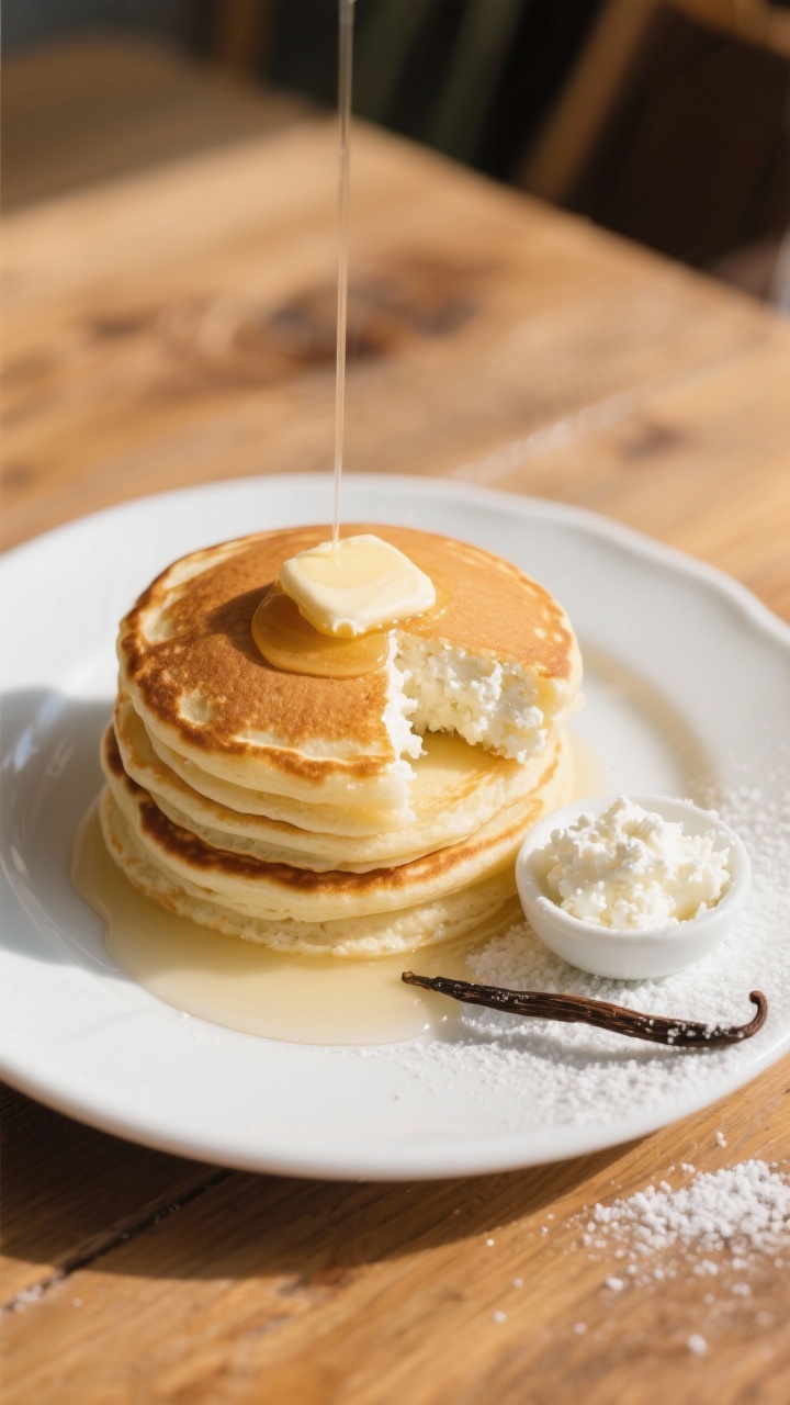 Overhead plated stack of cottage cheese pancakes: golden edges, tender interior with subtle curd texture visible on a sliced edge. A light drizzle of syrup, a pat of butter melting on top, and a small dish of cottage cheese plus a vanilla pod nearby. Optional dusting of powdered sugar for minimal sweetness cue. Clean white plate on a warm wooden table, bright morning light.