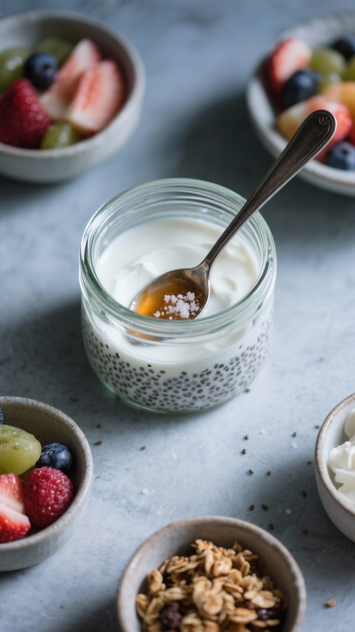 Overhead prep of overnight chia pudding: a clear jar showing chia seeds just stirred into milk with Greek yogurt, maple syrup, vanilla, and a pinch of salt; a spoon resting atop, with fresh fruit and granola in small bowls ready for morning topping; cool, calm evening mood.