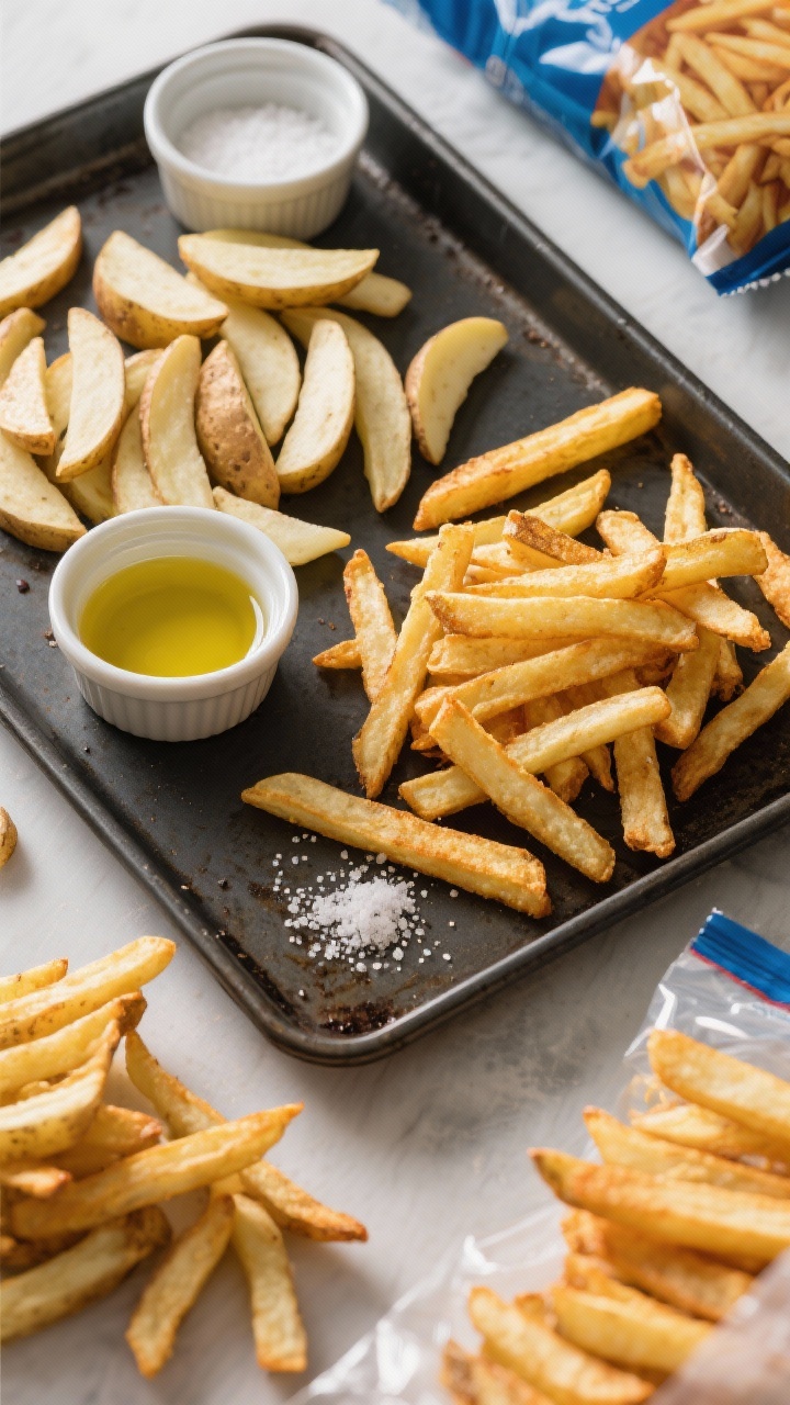 Overhead process shot: Freshly cut raw potato batons on one side and golden, air-fried fries on the other, arranged on a dark baking sheet for contrast; a small bowl of oil and a sprinkle of salt nearby; some fries stacked to highlight crisp edges and fluffy centers; optional frozen fries bag corner peeking in the top edge to suggest versatility; bright, high-contrast lighting to emphasize texture and color.