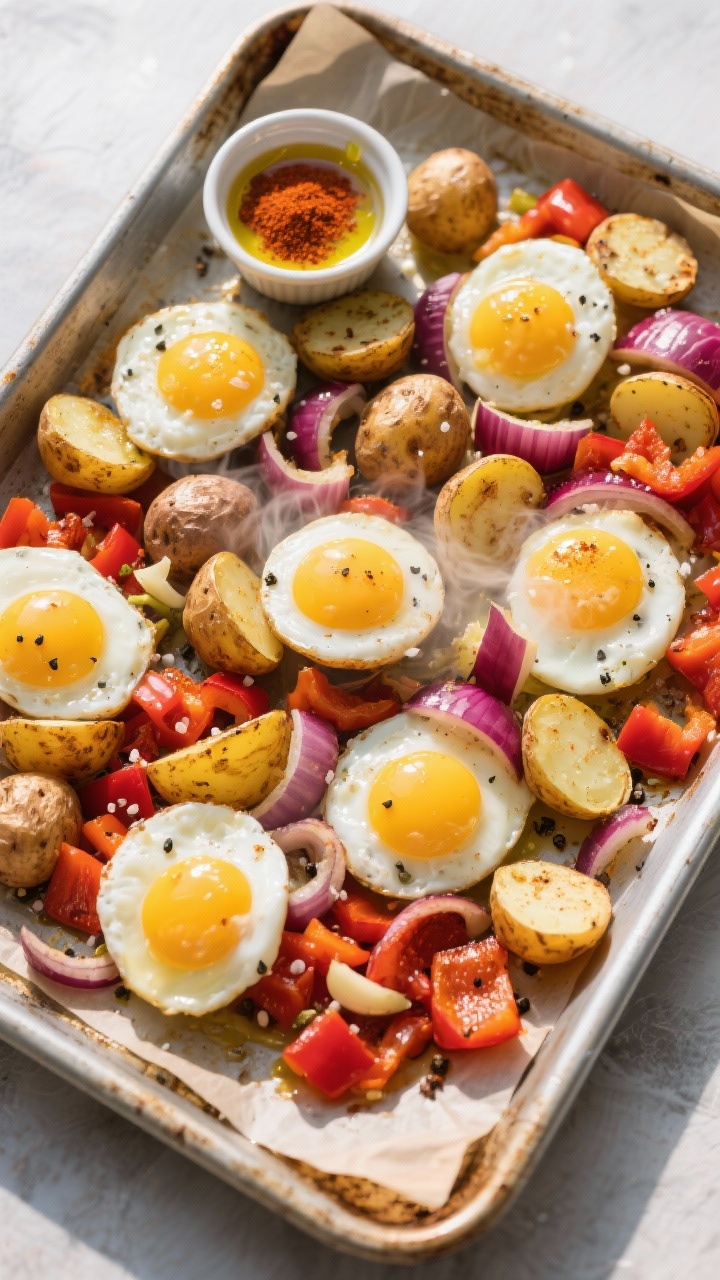 Overhead sheet-pan action shot: a large metal sheet pan filled with halved baby potatoes blistered and golden, diced red bell pepper, and sliced red onion tossed in olive oil, smoked paprika, and garlic powder; six jammy eggs with slightly runny yolks nestled among the crispy vegetables. Steam wisps visible, coarse salt and black pepper sprinkled, served on a parchment-lined pan over a rustic baking tray, with a small ramekin of smoked paprika and a drizzle of olive oil glistening. Bright morning light, high contrast to emphasize crisp textures and yolk sheen.