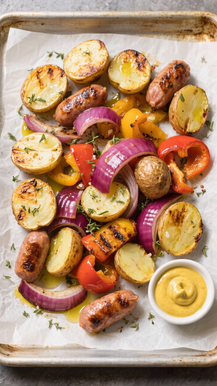 Overhead sheet pan composition: halved baby potatoes roasted to crisp edges, sliced red onion and mixed-color bell peppers softened and caramelized, and 2-inch pieces of Italian sausage blistered and juicy; all tossed with olive oil, dried oregano, salt, and pepper; charred bits and golden potato surfaces emphasized, on parchment-lined sheet pan with a small ramekin of mustard off to the side.