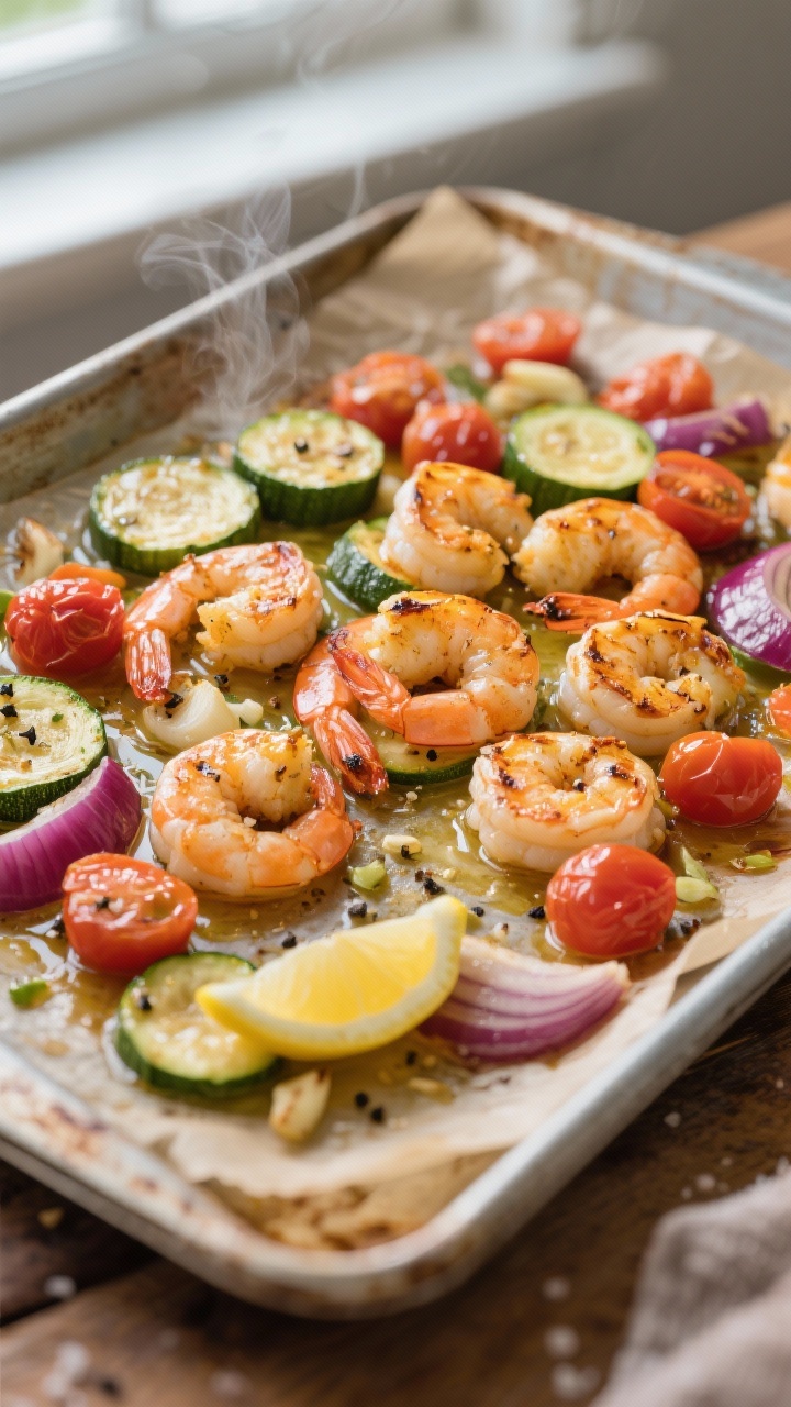Overhead sheet-pan dinner: lemon-garlic shrimp (1 lb, peeled and deveined) roasting with cherry tomatoes, sliced zucchini half-moons, and red onion wedges on a well-used metal sheet pan; glossy olive oil sheen, visible minced garlic bits, cracked black pepper and kosher salt; lemon wedges tucked in; golden, lightly charred edges; bright, steamy, weeknight “lazy dinner” vibe on a parchment-lined pan over a rustic baking sheet, natural window light.