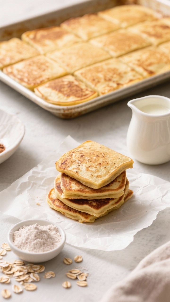 Overhead sheet-pan protein pancakes fresh from the oven: a golden oat-and-protein batter baked on a rimmed sheet, cut into neat squares with visible cinnamon flecks; a small pitcher of warm milk nearby, a dusting of protein powder in a tiny bowl, and a few scattered oat flakes; meal-prep mood with stacked pancake squares and parchment, soft morning light.