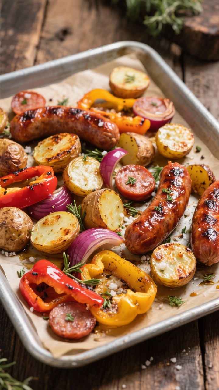 Overhead sheet-pan scene of roasted sausage, peppers, and potatoes: halved baby potatoes with crispy edges, sliced red and yellow bell peppers, red onion wedges caramelized at the tips, and coin-sliced smoked or Italian sausage browned and glistening. Herbs and coarse salt sprinkled, charred bits visible, on parchment-lined metal sheet set on a rustic wood table.