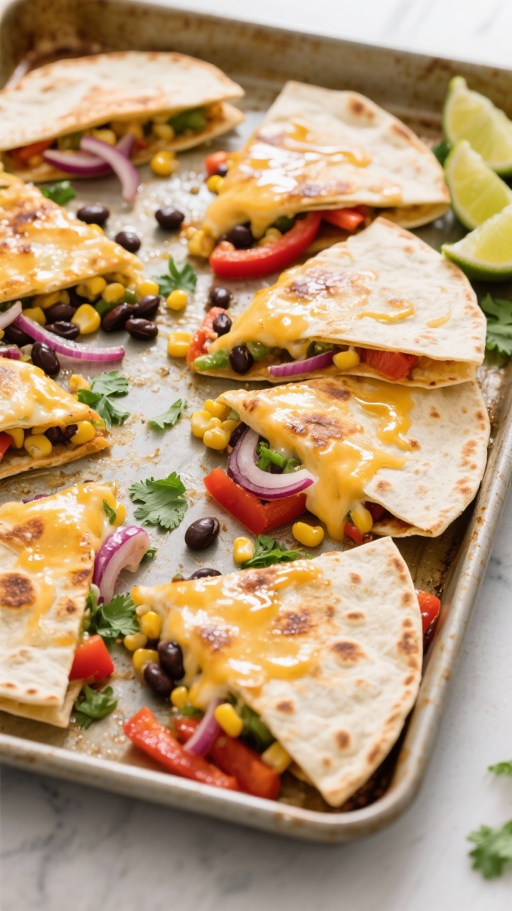 Overhead sheet-pan veggie quesadillas mid-bake: a rimmed sheet pan loaded with folded small flour tortillas brushed with olive oil, oozing with melty cheese, corn kernels, black beans, thinly sliced red onion and red bell pepper peeking out; a scatter of cilantro and lime wedges on the side; golden toasted tortillas, bubbly edges, casual weeknight feel.
