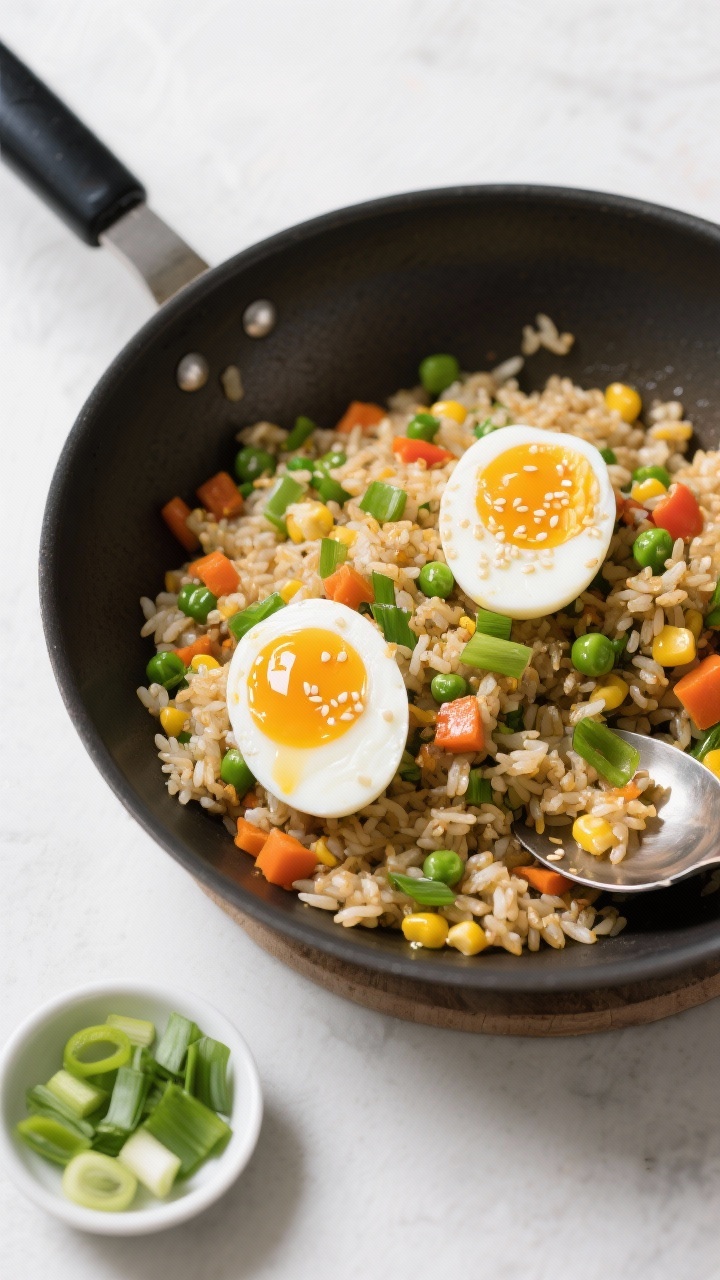 Overhead shot of 15-Minute Veggie Fried Rice with Jammy Eggs in a wok: day-old rice tossed with mixed veggies (peas, carrots, corn or diced bell pepper) and sliced green onions, glossy from neutral oil; two jammy-yolk eggs halved on top, yolks glowing; soy-sesame sheen, a small dish of sliced scallions and a spoon resting on the wok edge; bright, punchy colors, clean lines, weeknight minimalism.
