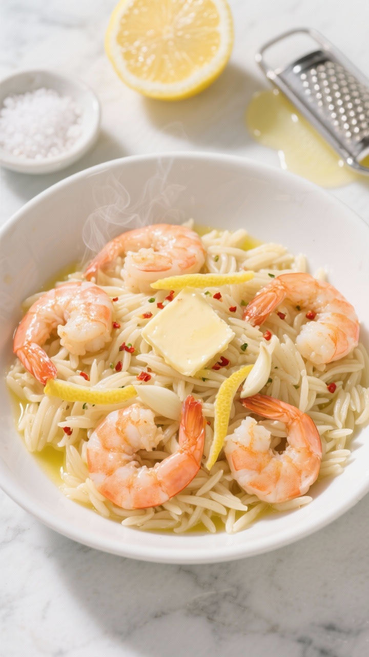 Overhead shot of a bright Lemon-Garlic Shrimp Orzo in a wide, shallow white bowl: tender orzo folded with pink large shrimp, glossy with olive oil and 3 tbsp butter, flecks of minced garlic, lemon zest ribbons, and a sprinkle of red pepper flakes; lemon halves and a zester nearby, a small dish of sea salt, and a drizzle of lemon juice pooling; sunlit coastal vibe on a light marble surface, crisp highlights, steam softly rising, professional styling, no people.