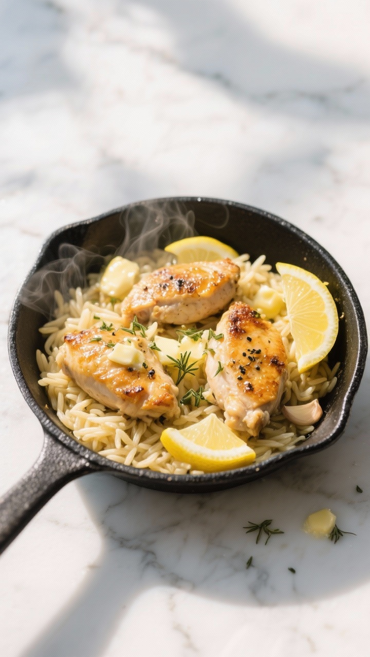 Overhead shot of a bright lemony chicken orzo skillet: bite-size boneless skinless chicken thighs seared golden in a black sauté pan, glossy orzo simmered with butter and olive oil, minced garlic and dried oregano visible, thin lemon slices and zest scattered, a light butter sheen and steam rising, finished with a sprinkle of black pepper and a wedge of lemon on the side; clean marble surface, natural daylight, crisp shadows, Mediterranean vacation mood.