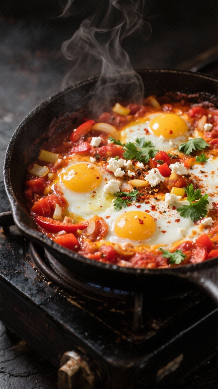 Overhead shot of a cast-iron skillet shakshuka simmering on a stovetop: chunky tomato-pepper base with finely chopped yellow onion, diced red bell pepper, minced garlic, visible ribbons of cumin and smoked paprika, a hint of crushed red pepper flakes, eggs gently poached with set whites and runny yolks, crumbled feta scattered on top, fresh herbs (parsley and cilantro) sprinkled, olive oil sheen; rustic dark surface, warm morning light, steam rising, vibrant reds and creamy whites.