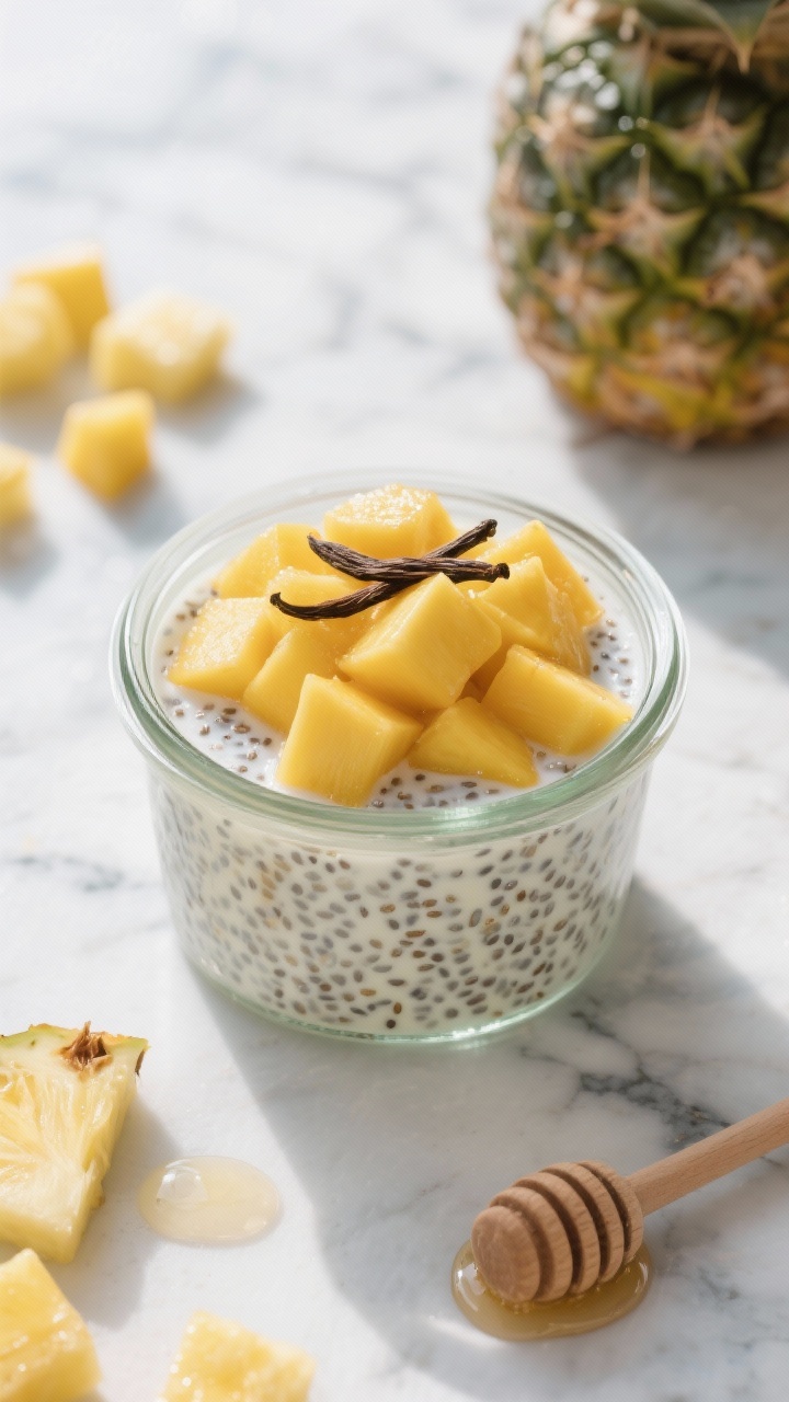 Overhead shot of a creamy tropical chia pudding in a clear glass jar on a cool marble surface: visible swollen chia seeds suspended in unsweetened coconut milk, lightly sweetened with maple syrup, scented with vanilla; topped with a generous crown of diced ripe mango and pineapple, with extra tropical fruit scattered around and a small drizzle of honey nearby. Bright morning light, cool tones, no people.