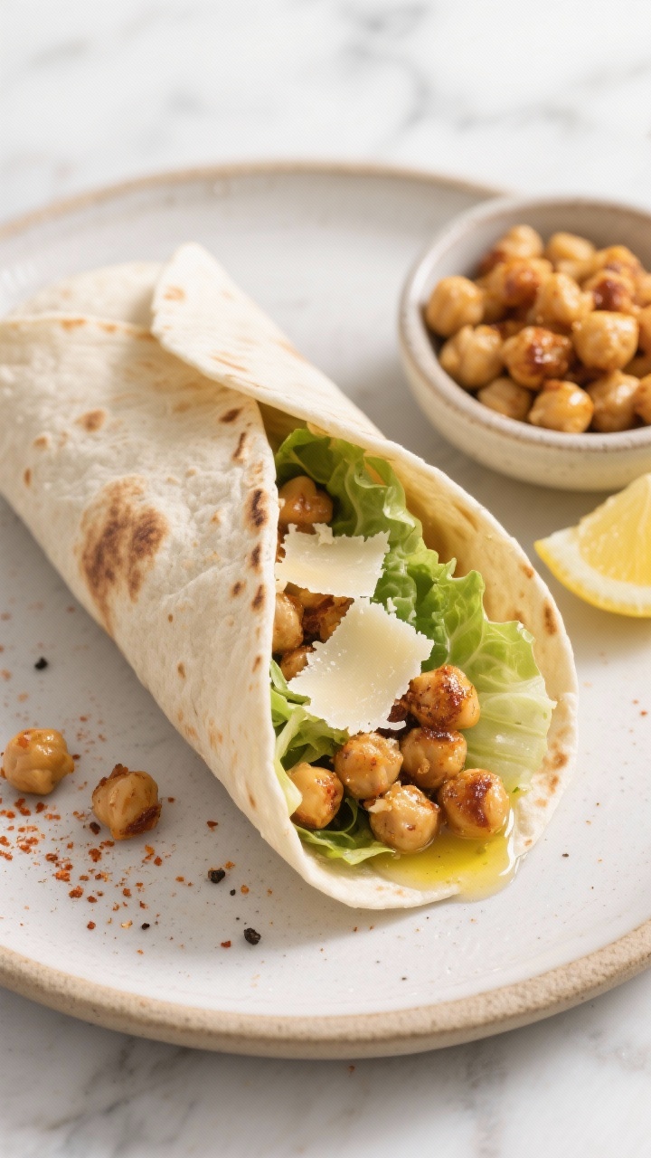 Overhead shot of a halved crispy chickpea Caesar wrap on a neutral ceramic plate: toasted flour tortillas stuffed with smoky roasted chickpeas (paprika, garlic powder, black pepper, sea salt glistening with olive oil), romaine ribbons, Caesar dressing, and shaved Parmesan; a small bowl of extra crispy chickpeas and lemon wedges on the side; clean marble background, bright natural light, crunchy textures emphasized.