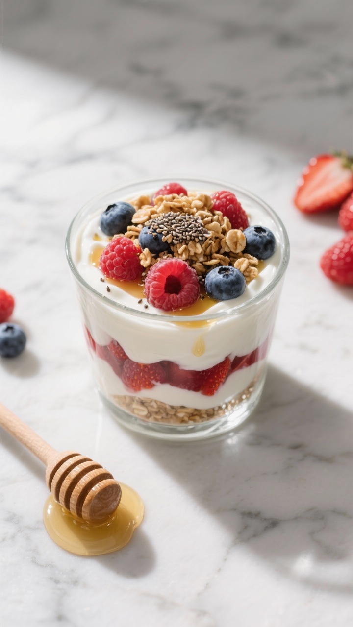 Overhead shot of a layered berry yogurt parfait in a clear glass: nonfat Greek yogurt swirled with mixed strawberries, blueberries, and raspberries, a delicate drizzle of honey, sprinkled chia or ground flax, and a crunchy layer of granola on top; styled on a cool marble surface with extra berries and a honey dipper nearby, bright morning light, crisp and creamy textures emphasized.