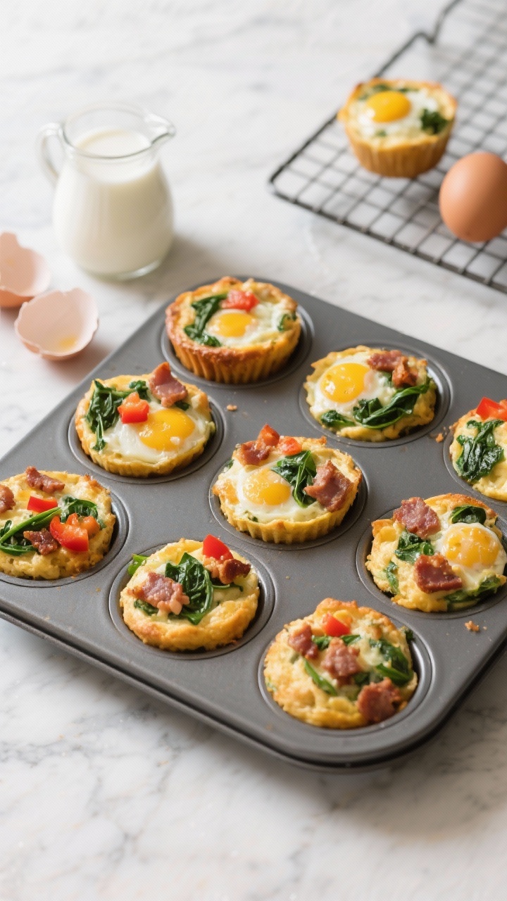 Overhead shot of a muffin tin filled with golden, puffed savory egg muffin bites, flecked with chopped baby spinach and diced bell pepper, some with crumbled breakfast sausage/turkey bacon. A small pitcher of milk and cracked eggshells nearby on a light marble surface, with a cooling rack holding a few muffins cut open to show fluffy egg, green spinach, and red pepper textures. Soft morning light, crisp focus, no people.