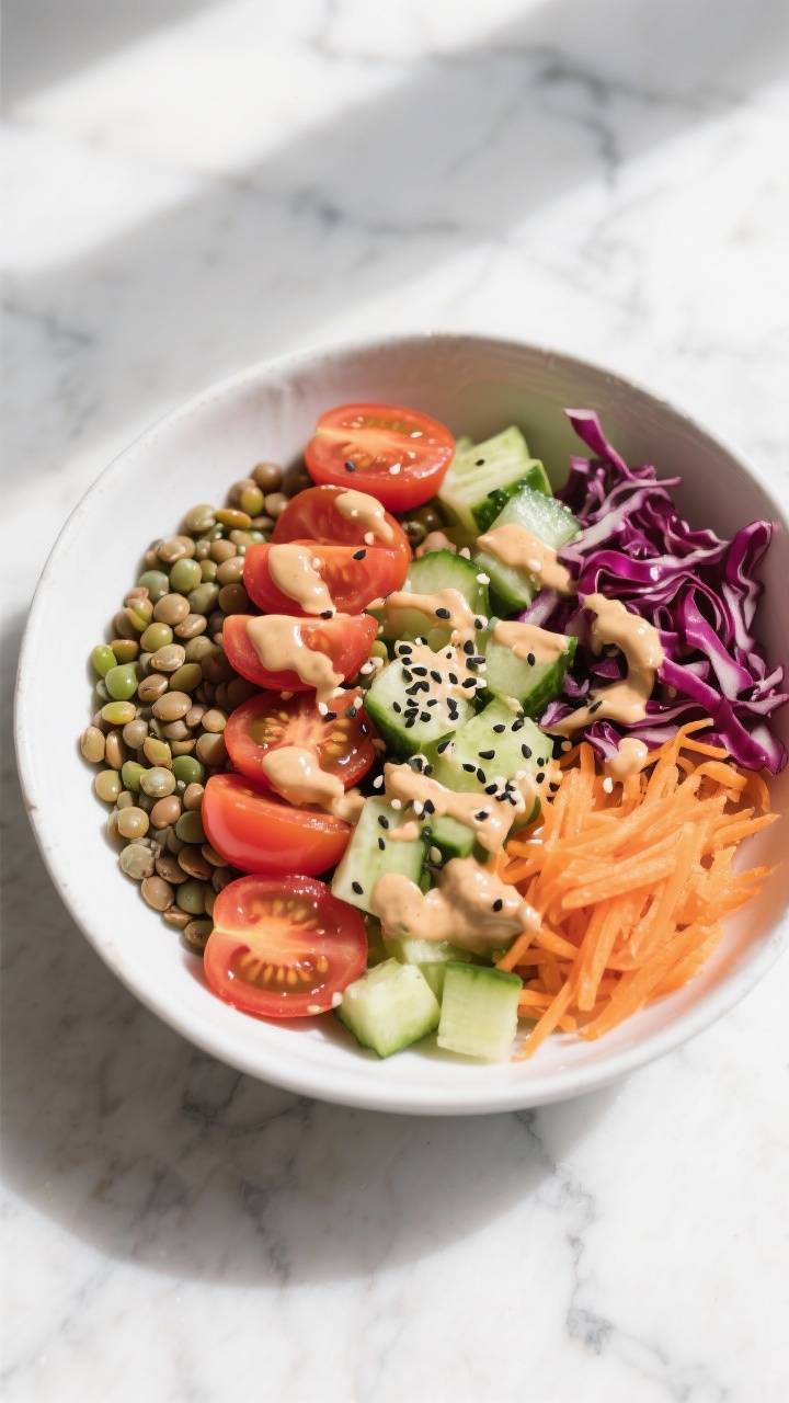 Overhead shot of a Rainbow Lentil Power Bowl in a wide white ceramic bowl: tender green/brown lentils as the base, neatly fanned rows of halved cherry tomatoes, diced cucumber, shredded red cabbage, and grated carrot, all drizzled with a glossy zesty tahini sauce; sprinkled with black pepper and sesame seeds, bright and fresh color contrast on a cool marble surface, soft natural window light, crisp textures in focus.