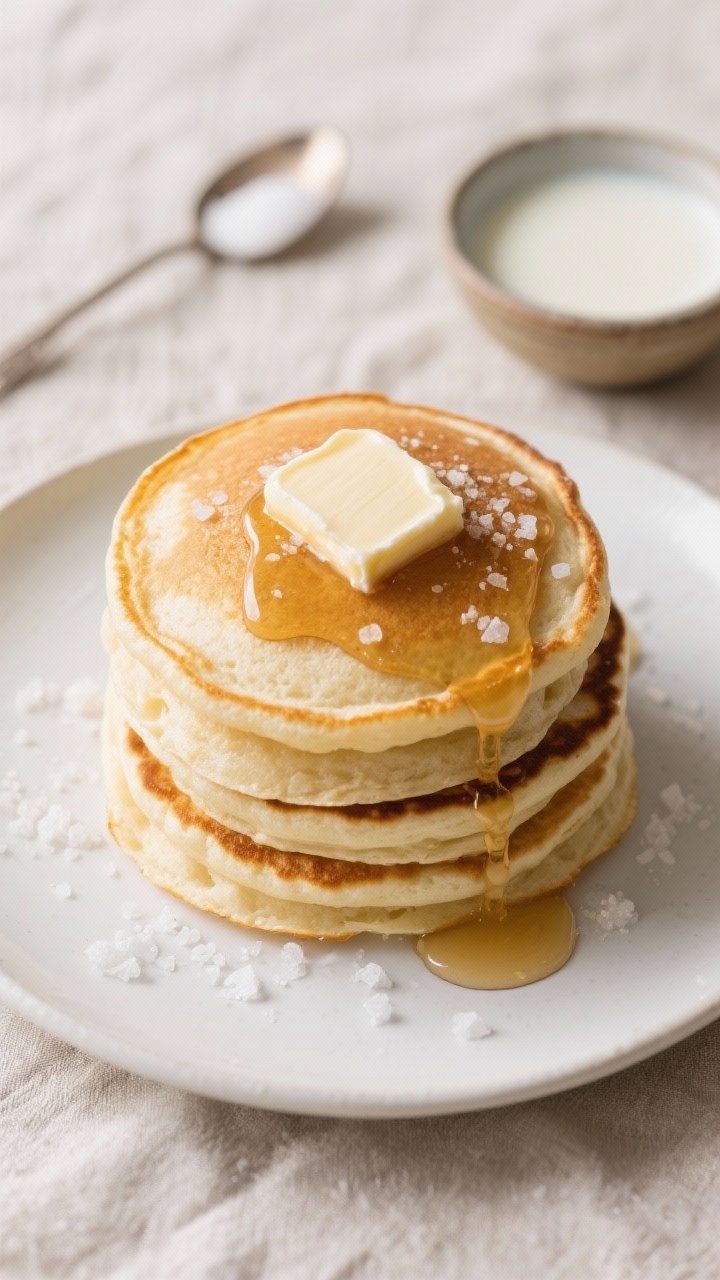 Overhead shot of a stack of fluffy buttermilk pancakes on a matte white plate, golden edges with a tender, cloud-like crumb visible on a sliced wedge. A pat of melting butter on top with real maple syrup cascading down, a dusting of fine salt crystals, and a small bowl of buttermilk and a spoonful of granulated sugar in the background. Neutral linen, soft morning light, shallow depth to emphasize airy texture, professional studio styling.