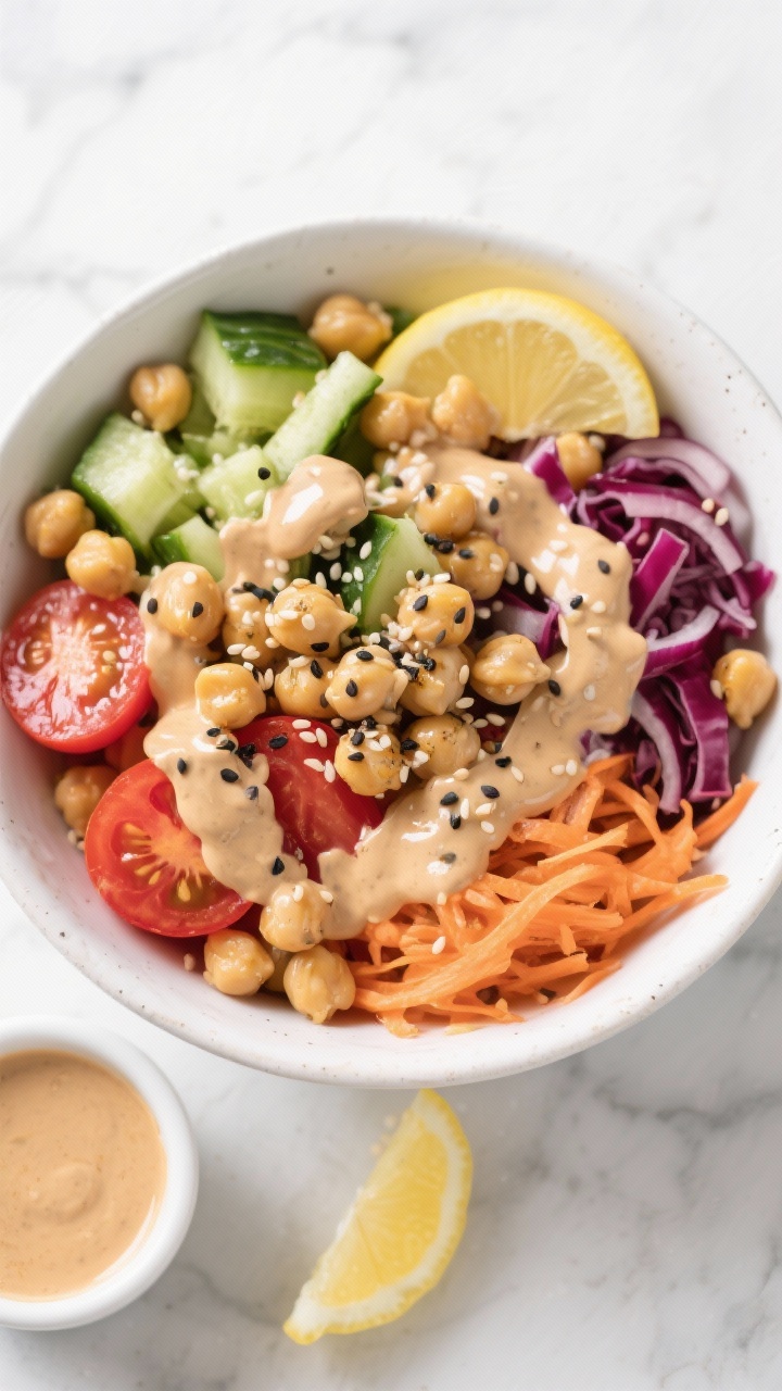Overhead shot of a vibrant Zesty Chickpea Crunch Bowl in a wide white ceramic bowl: chickpeas scattered over chopped cucumber, halved cherry tomatoes, shredded carrots, shredded red cabbage, and thinly sliced red onion, drizzled generously with glossy lemon-tahini sauce; sprinkled with cracked black pepper and sesame seeds; bright, fresh, crunchy textures; styled on a light marble surface with a small ramekin of extra lemon-tahini drizzle and lemon wedges nearby; clean, sunny Mediterranean vibe, no people.
