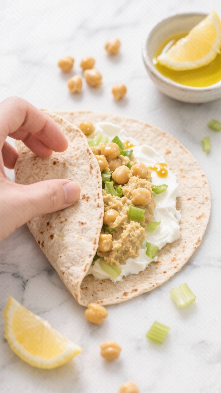 Overhead shot of a Zesty Chickpea Smash Wrap being assembled on a light marble surface: a whole-wheat tortilla spread with a creamy mash of chickpeas mixed with Greek yogurt, olive oil, lemon juice, Dijon mustard, and finely diced celery; scatter of extra chickpeas and celery bits around; a small bowl of lemon wedges and a drizzle of olive oil nearby; bright, fresh, quick-lunch vibe, crisp textures, no people.