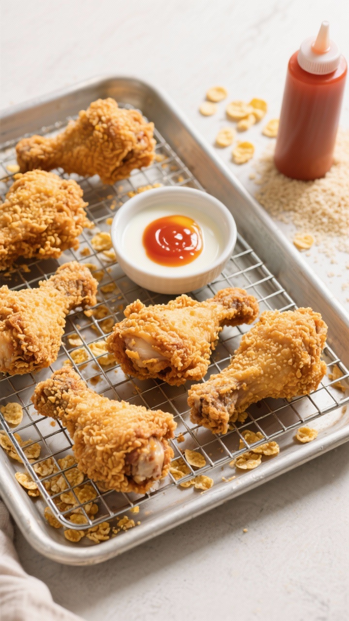 Overhead shot of air-fried buttermilk “fried” chicken drumsticks and thighs on a wire rack set over a sheet pan, ultra-crispy coating made from panko and crushed cornflakes visibly craggy and golden. Include a small bowl of buttermilk-egg-hot sauce marinade to the side, scattered cornflake crumbs and panko, and a squeeze bottle of hot sauce. Neutral backdrop, bright natural light, focus on crunchy texture.
