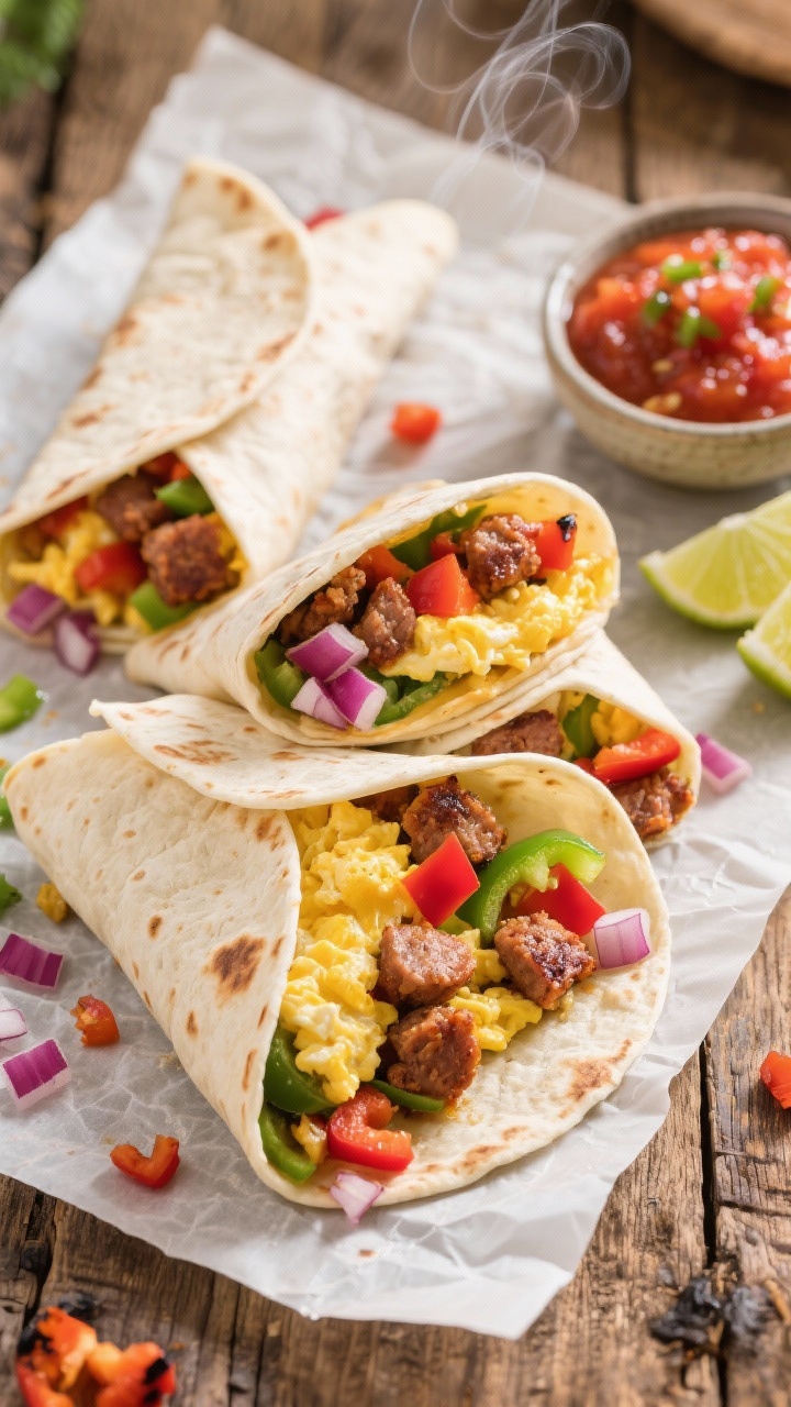 Overhead shot of assembled sunrise breakfast burritos on a parchment-lined sheet: flour tortillas stuffed with smoky scrambled eggs, browned breakfast sausage crumbles, diced red and green bell peppers, and finely chopped red onion; a few burritos sliced to reveal colorful layers; charred pepper bits and steam visible; styled on a rustic wooden surface with a small bowl of salsa and lime wedges, bright morning light, no people.