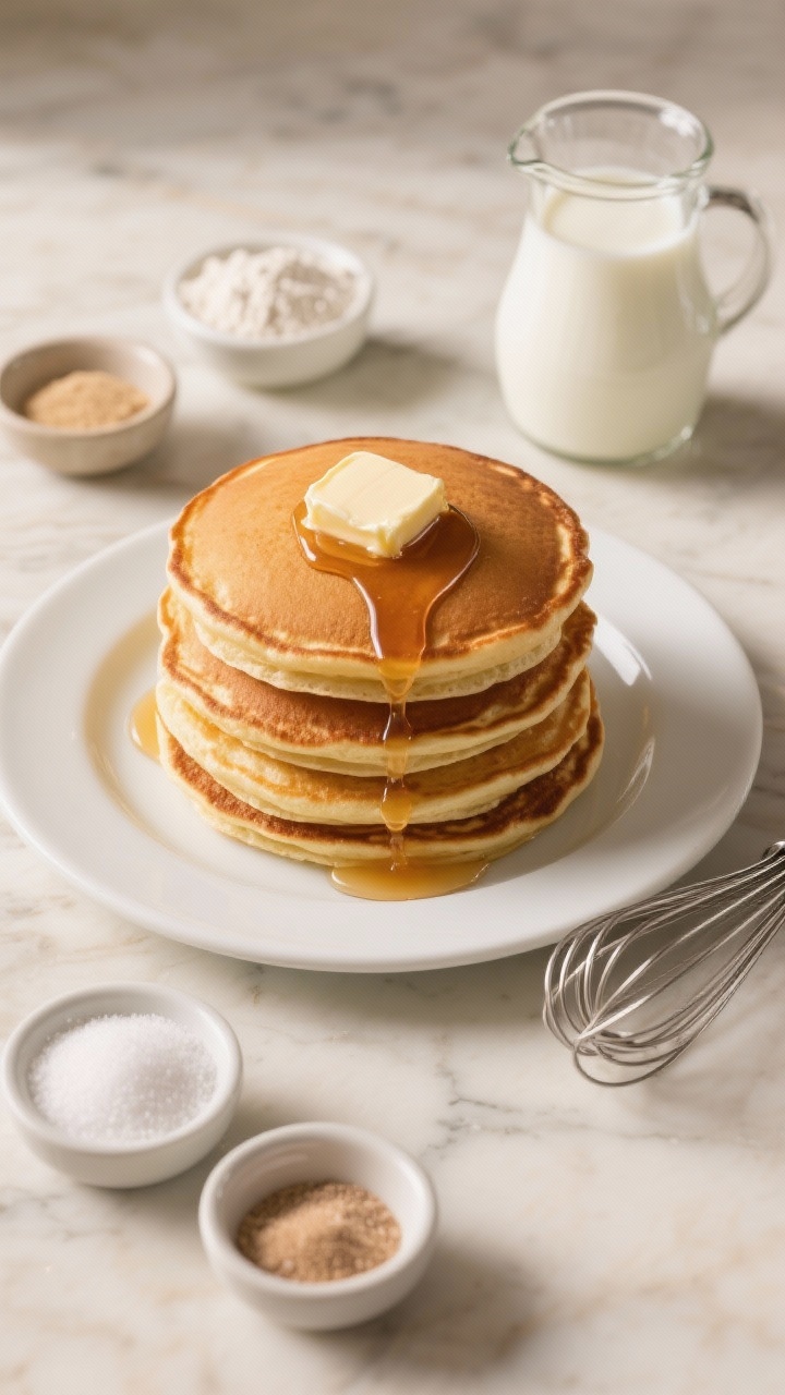 Overhead shot of classic diner-style fluffy pancakes stacked high on a white ceramic plate, golden-brown with crisp edges and soft interiors, a pat of melting butter on top and a drizzle of maple syrup cascading down; small bowls of all-purpose flour, granulated sugar, baking powder, baking soda, fine salt nearby, plus a glass jug of milk (dairy or almond/oat) and a stainless whisk; styled on a neutral marble surface with warm morning light for a nostalgic diner mood, no people, professional, crisp detail.