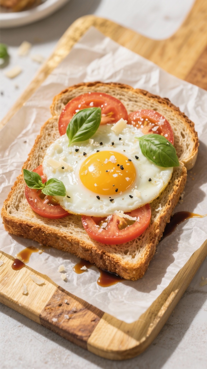 Overhead shot of crispy air-fryer egg toast: whole-grain bread with a perfectly cooked egg nestled in the center, topped with thin tomato slices, salt and black pepper, torn fresh basil leaves; optional Parmesan sprinkled lightly and a delicate balsamic drizzle; set on a parchment-lined board, golden edges on the toast, sunlit breakfast mood.