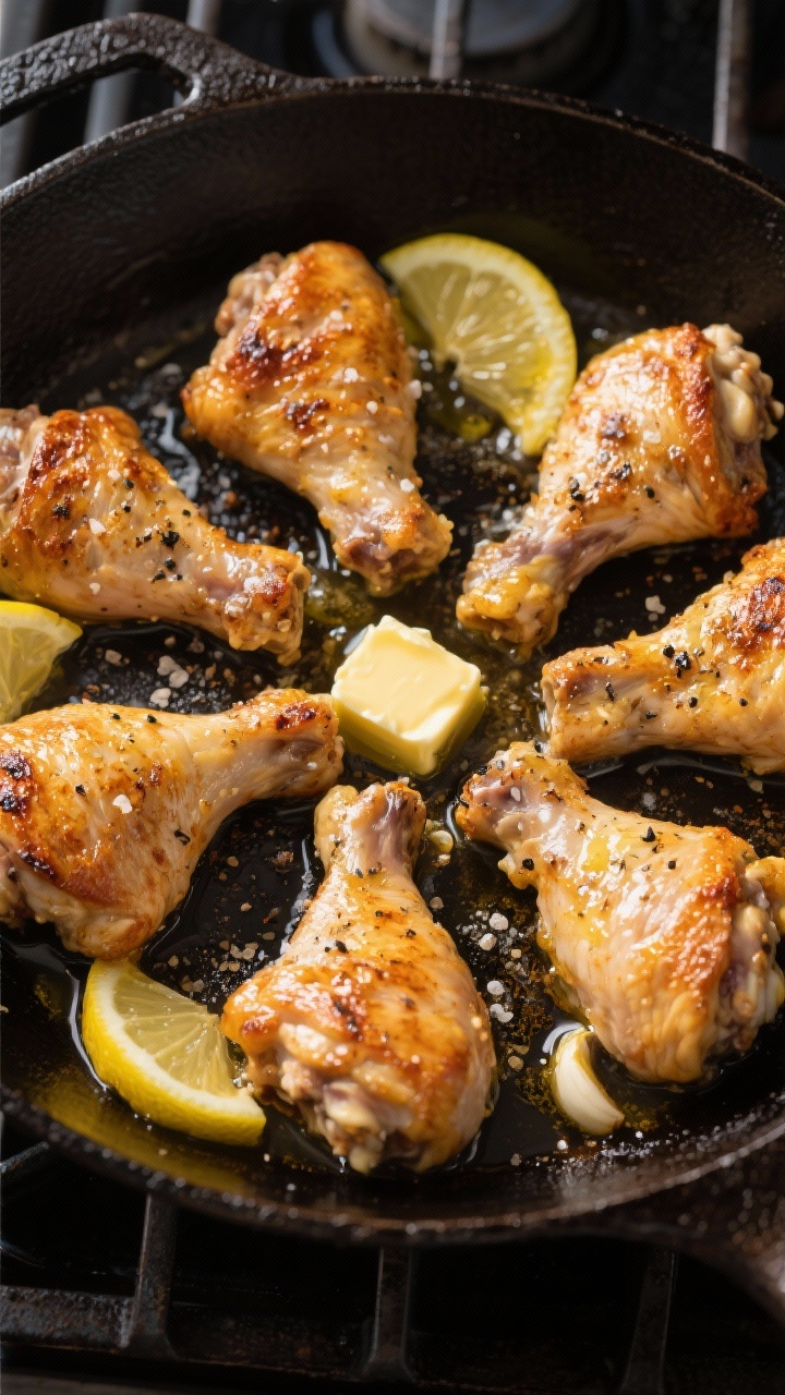 Overhead shot of crispy lemon butter chicken thighs sizzling in a cast-iron skillet: six bone-in, skin-on thighs with blistered, golden skin, glossy from butter and olive oil, seasoned with kosher salt, black pepper, and garlic powder. Lemon slices and a small butter pat melting in the pan, rendered chicken fat pooling around, on a dark stovetop with minimal props for a cozy weeknight vibe.