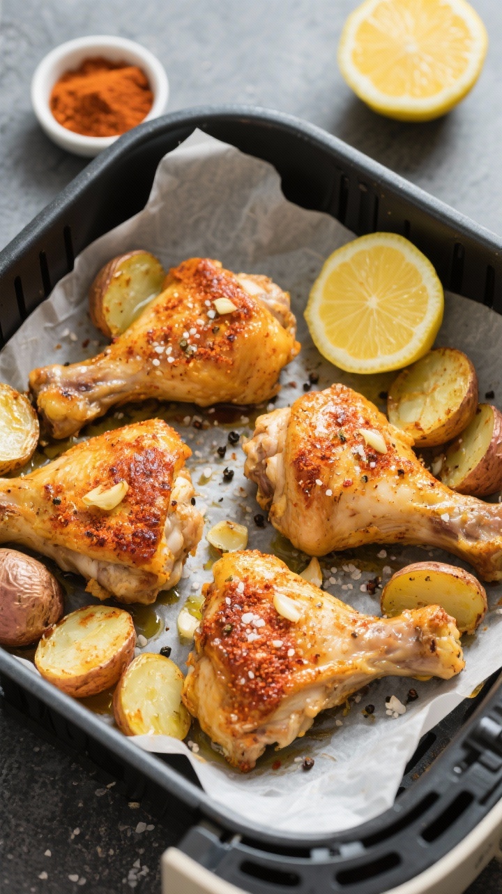 Overhead shot of crispy lemon-garlic chicken thighs and roasted baby potatoes straight from the air fryer: four golden, bone-in, skin-on thighs with blistered, paprika-dusted skin and visible garlic bits, nestled among halved baby potatoes with caramelized edges. Light olive oil sheen, sprinkled with flaky kosher salt and cracked black pepper. Styled on a parchment-lined air fryer basket set over a slate surface with a lemon half and a small bowl of smoked paprika nearby. Bright, zesty mood with warm highlights, no people.