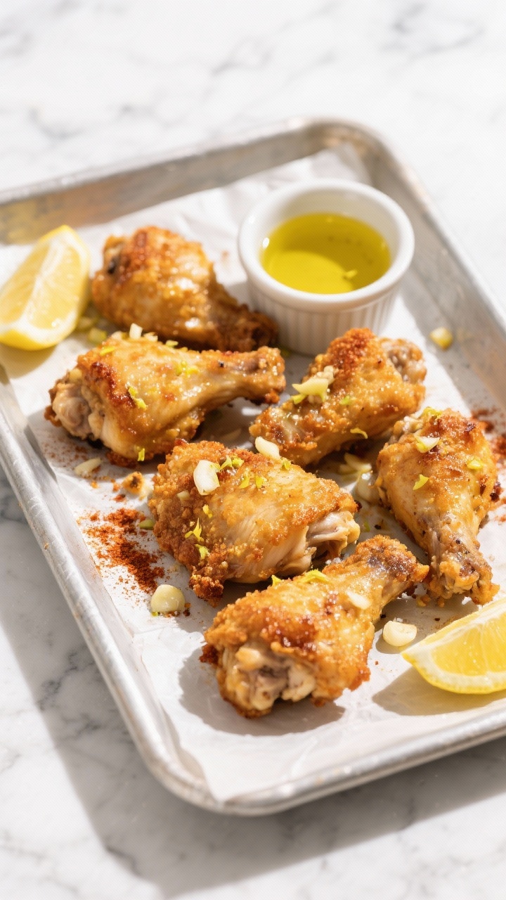Overhead shot of crispy lemon-garlic chicken thigh bites just out of the air fryer, golden edges with visible lemon zest, minced garlic, and a dusting of smoked paprika; served on a parchment-lined tray with a small ramekin of fresh lemon juice for dipping, olive oil sheen, and a few lemon wedges scattered; neutral marble background, bright natural light, high contrast to emphasize crunchy texture.