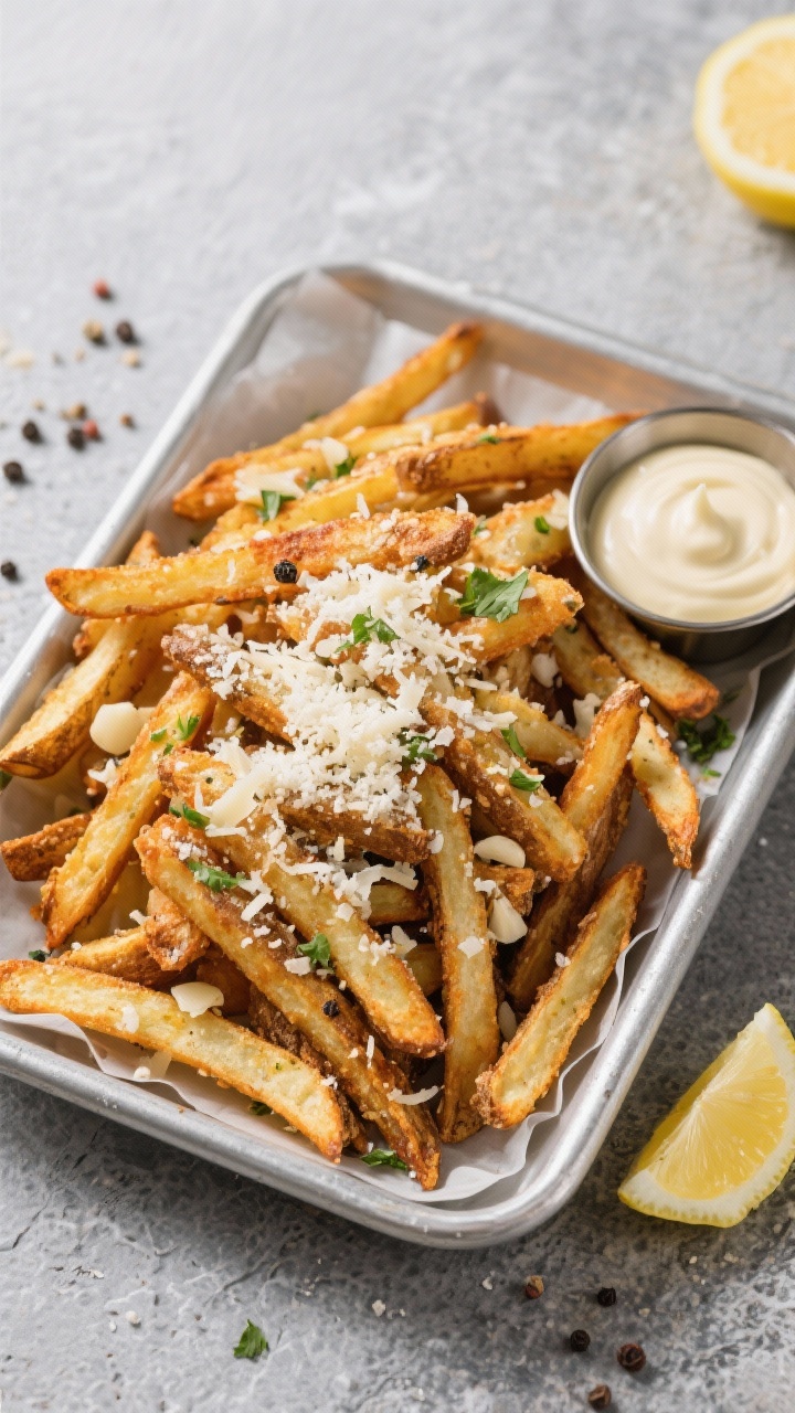 Overhead shot of crispy Parmesan garlic fries just out of the air fryer: 1/4-inch russet potato fries tossed in cornstarch, olive oil, kosher salt, black pepper, and grated Parmesan with flecks of minced garlic and parsley, piled in a parchment-lined metal tray, extra Parmesan snowed on top, a small ramekin of garlic aioli on the side; golden-brown edges, visible coarse salt, styled on a cool gray stone surface with a sprinkle of cracked pepper and a wedge of lemon nearby for brightness.