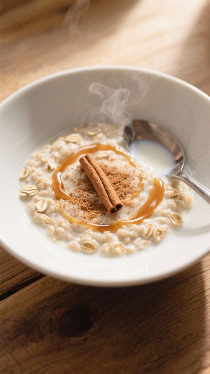 Overhead shot of dessert-like oatmeal in a white shallow bowl: creamy rolled oats swirled with maple syrup, dusted evenly with cinnamon, and a glistening ribbon of vanilla-infused milk pooling at the edges; steam visible, spoon resting on the rim; warm wood tabletop and soft morning light to evoke comfort.