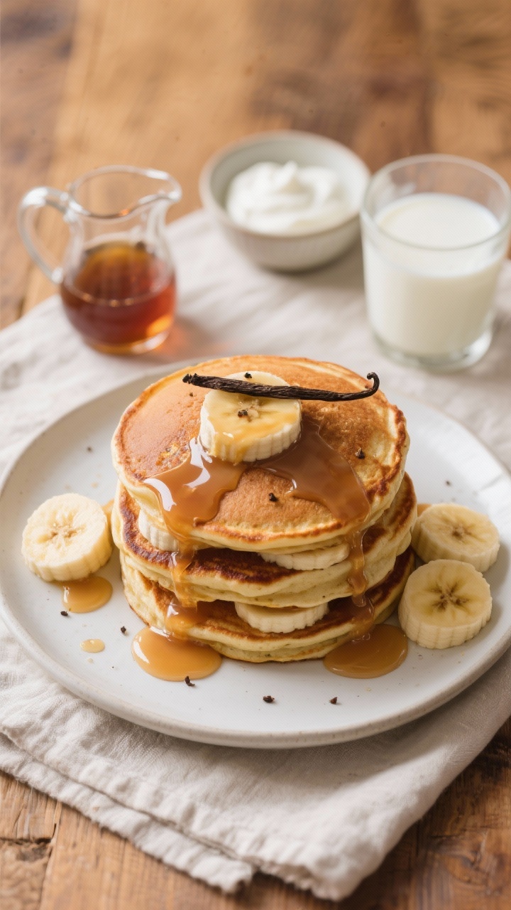 Overhead shot of fluffy brown butter banana bread pancakes stacked on a matte white plate, golden-brown with crisped edges, drizzled generously with glossy maple yogurt and a few extra drips pooling on the plate; sliced very ripe banana rounds tucked between layers, a pat of browned butter melting on top, vanilla bean specks visible; small jug of maple syrup, a bowl of tangy yogurt, and a glass of buttermilk on a light linen over a warm wood table, cozy morning light