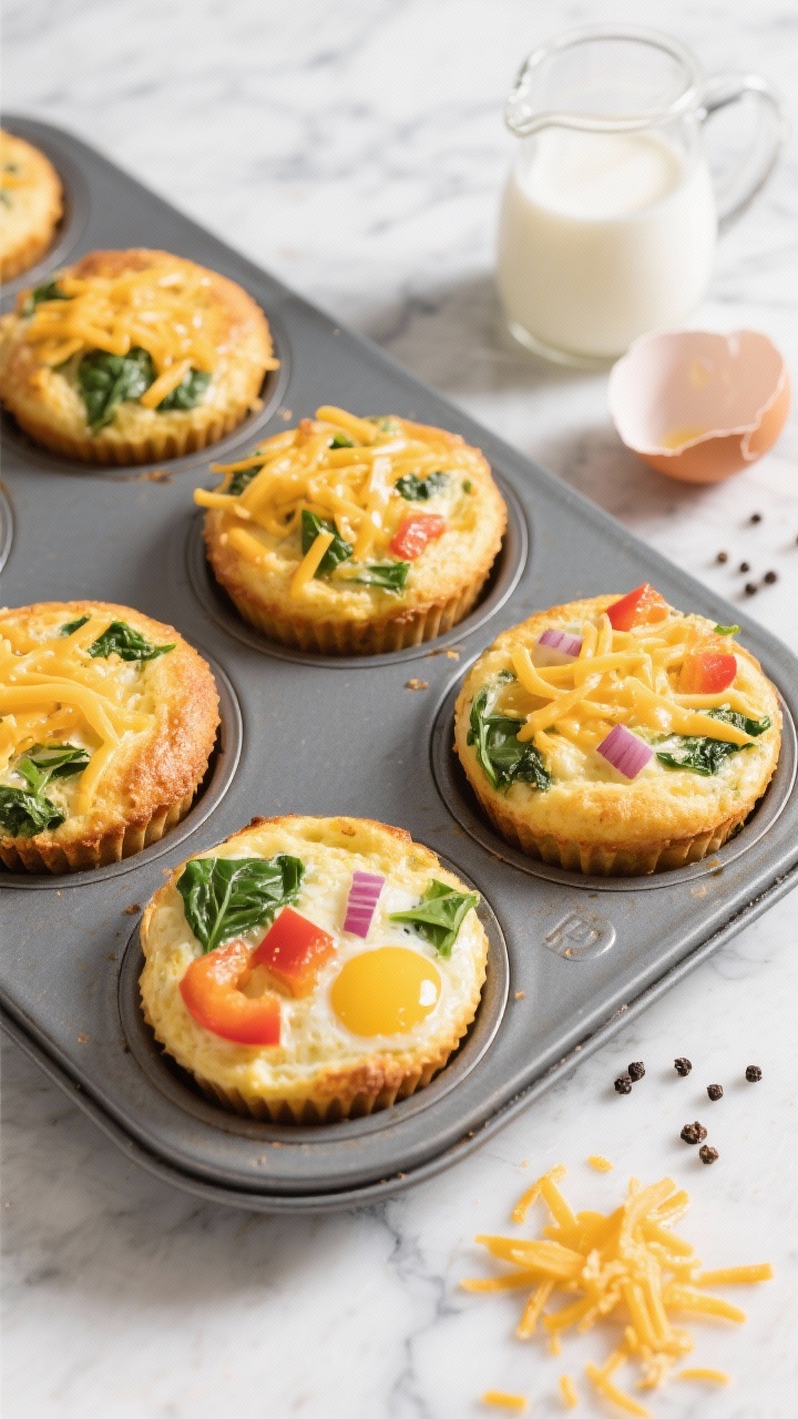Overhead shot of freshly baked freezer-friendly egg and veggie muffins cooling in a muffin tin on a marble surface, golden tops with melted shredded cheddar peeking through, visible chopped baby spinach, diced bell pepper, and red onion embedded in the fluffy egg base; a small pitcher of milk and cracked eggshells nearby, with grated pepper jack and a sprinkle of black pepper for garnish; bright morning light, crisp focus, no people.